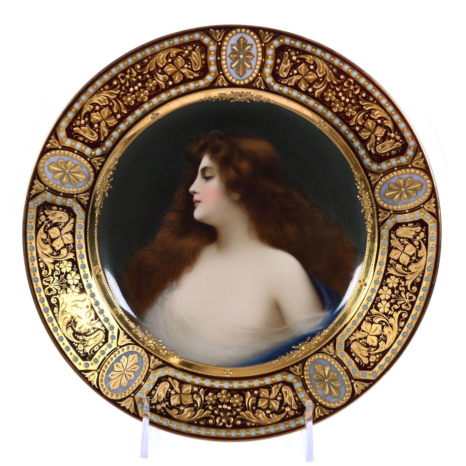 Plate, Marked Beehive Vienna Austria: Plate, Marked Beehive Vienna Austria, 9.5 x 9.5 x 1.125 Inches, Hand Painted Portrait, Iridescent Bronze Border With Extensive Gold And Blue Enamel Beaded Highlights, Artist Signed Wagner, Titled