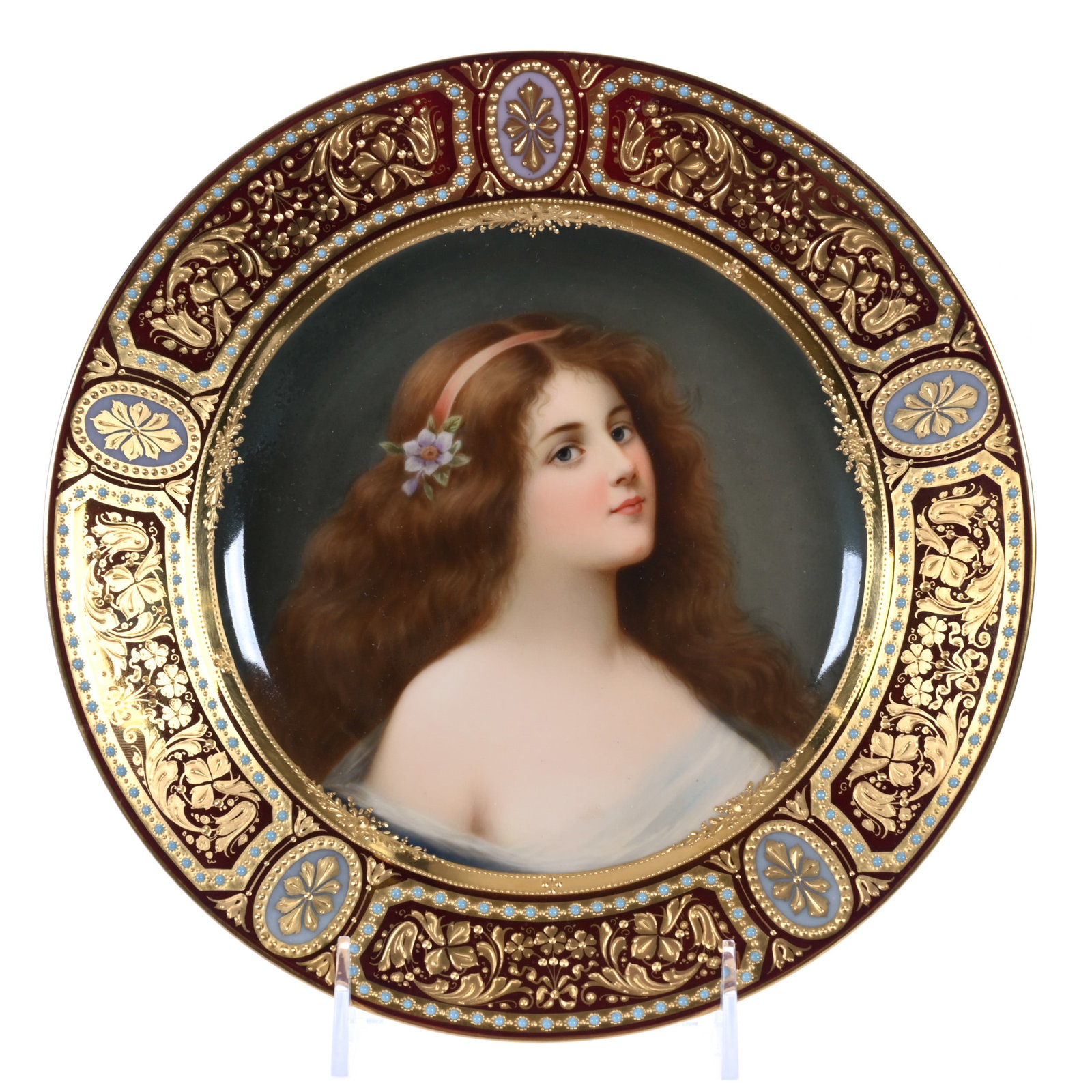 Plate, Marked Beehive Vienna Austria: Plate, Marked Beehive Vienna Austria, 9.5 x 9.5 x 1.125 Inches, Hand Painted Portrait, Iridescent Bronze Border With Extensive Gold And Blue Enamel Beaded Highlights, Artist Signed Wagner, Titled