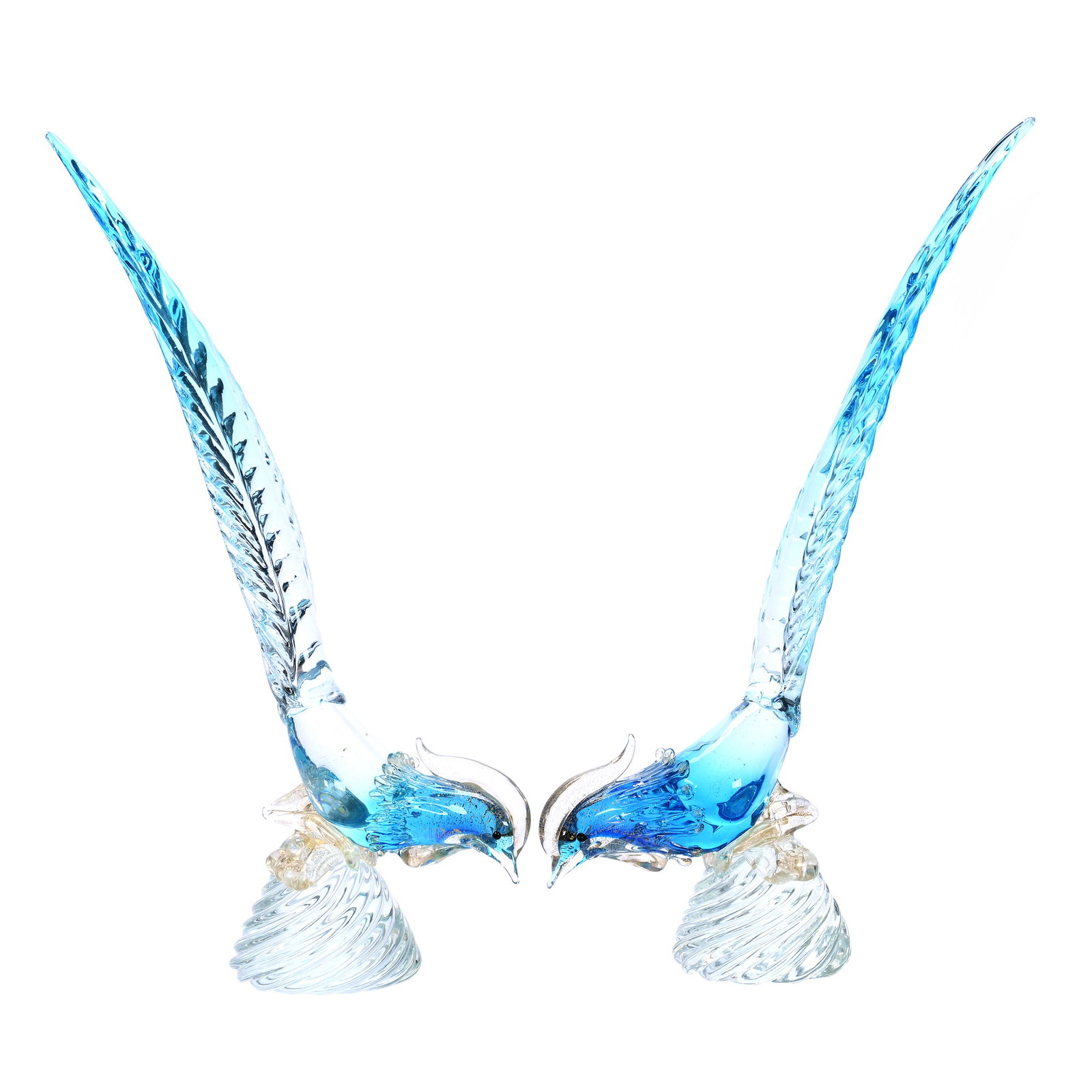 Pair Figurines, Murano Art Glass: Pair Figurines, Murano Art Glass, 18 x 12 x 4 Inches, Long Tailed Birds, Blue With Gold Mica Highlights, Clear Swirl Base, 8.2 Pounds, Cliff And Myra Bilbo Collection, TN, Effective 6/6/26 - All LiveA