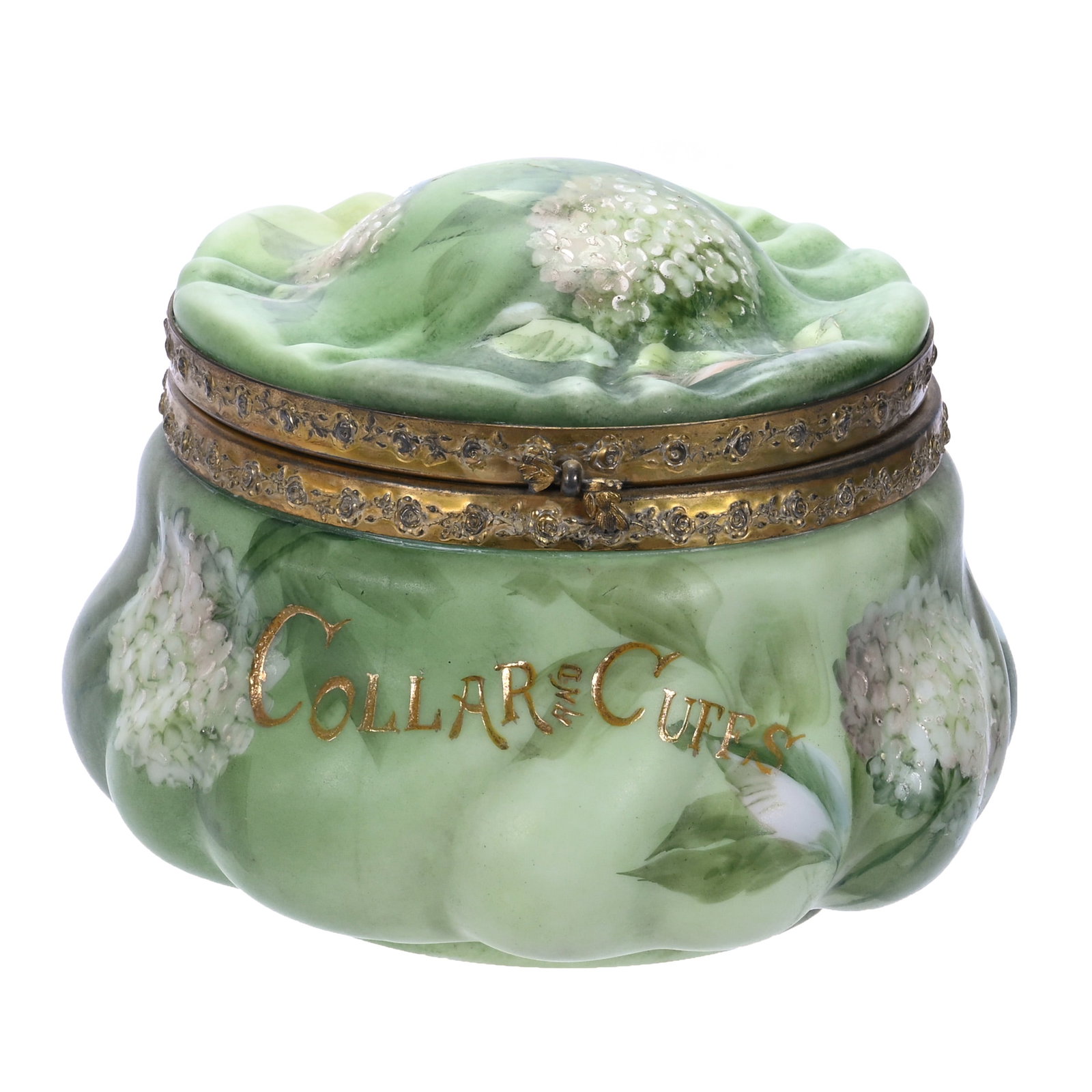 Dresser Box, Unmarked Mt. Washington, Collars And Cuffs: Dresser Box, Unmarked Mt. Washington, Collars And Cuffs, 7.5 x 7.5 x 5.75 Inches, Green Tones With Snowball Floral Decor, Enamel "Collars And Cuffs", 3.1 Pounds, John And Doris Carty Estate Collection
