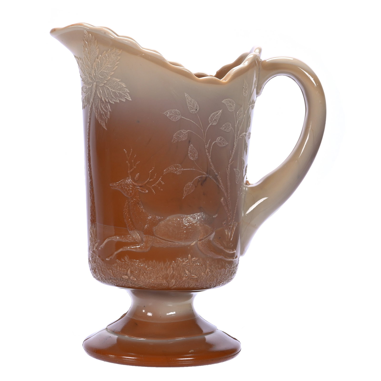 Pedestal Pitcher, Greentown Chocolate Glass: Pedestal Pitcher, Greentown Chocolate Glass, 9 x 7.5 x 4.75 Inches, Racing Deer And Doe Pattern, 2.7 Pounds, John And Doris Carty Estate Collection, IA, Effective 6/6/26 - All LiveAuctioneers Invoices