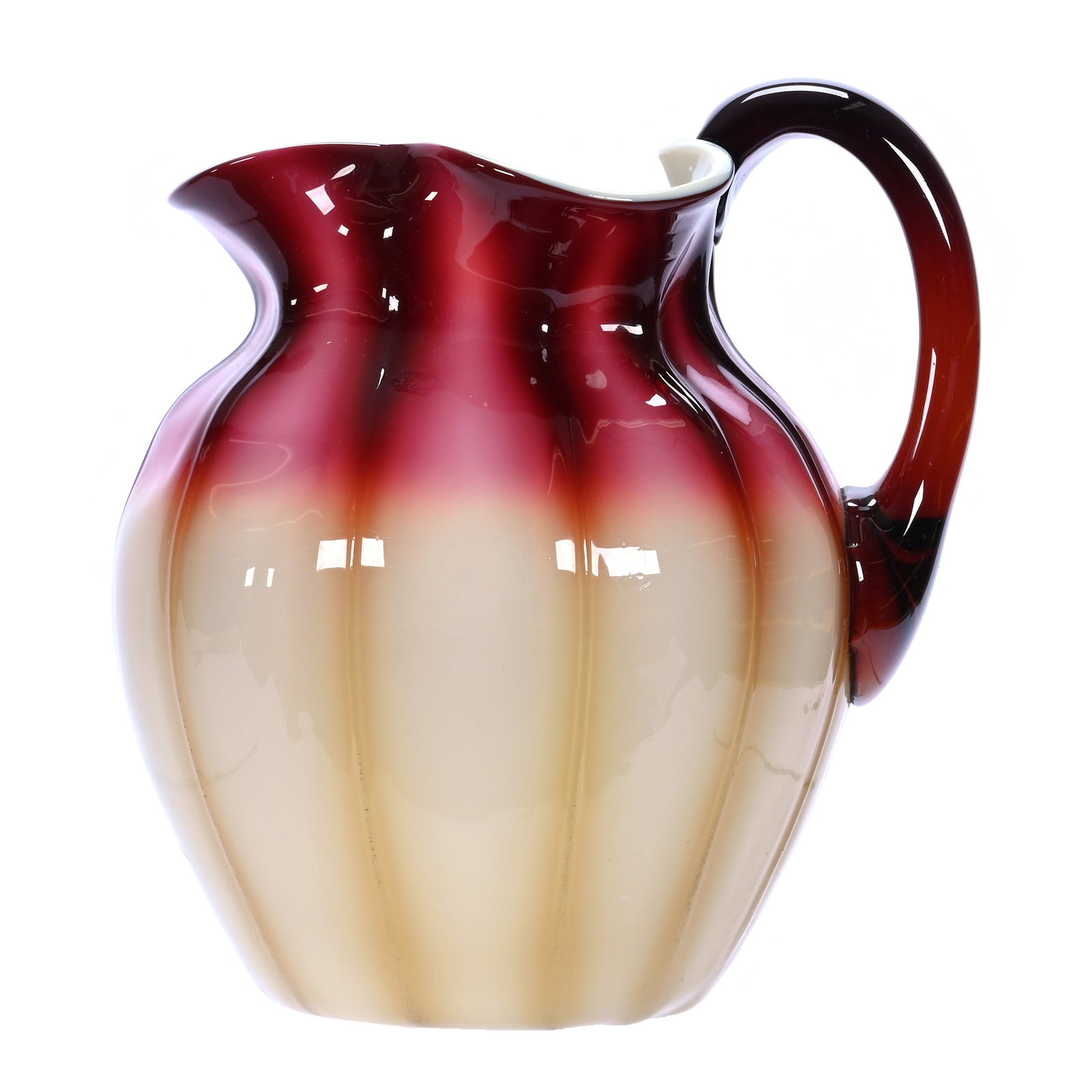 Small Water Pitcher, Plated Amberina Art Glass By New England: Small Water Pitcher, Plated Amberina Art Glass By New England, 7 x 6.25 x 5.25 Inches, Flawless Color, Must See, 1.8 Pounds, Douglass Millhoff Collection, OH, Effective 6/6/26 - All LiveAuctioneers