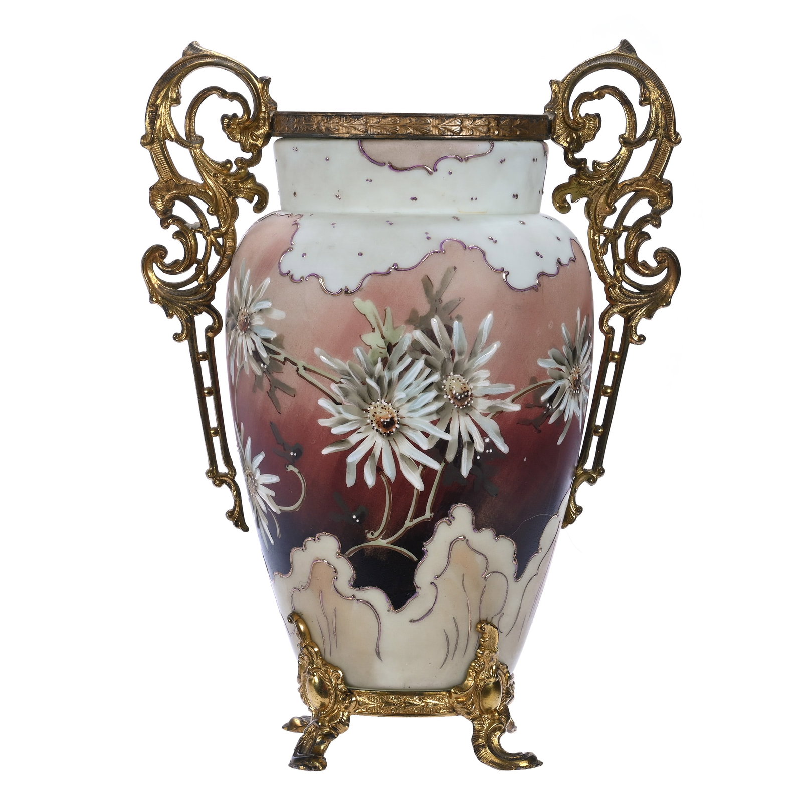 Footed, Two-Handled Vase, Wave Crest Banner Mark: Footed, Two-Handled Vase, Wave Crest Banner Mark, 12 x 9 x 6 Inches, Pink, Rust, And White Tones With Blue Floral Decor And Vermillion Enamel Highlights, Gilt Handles And Feet, Base Has Drilled,