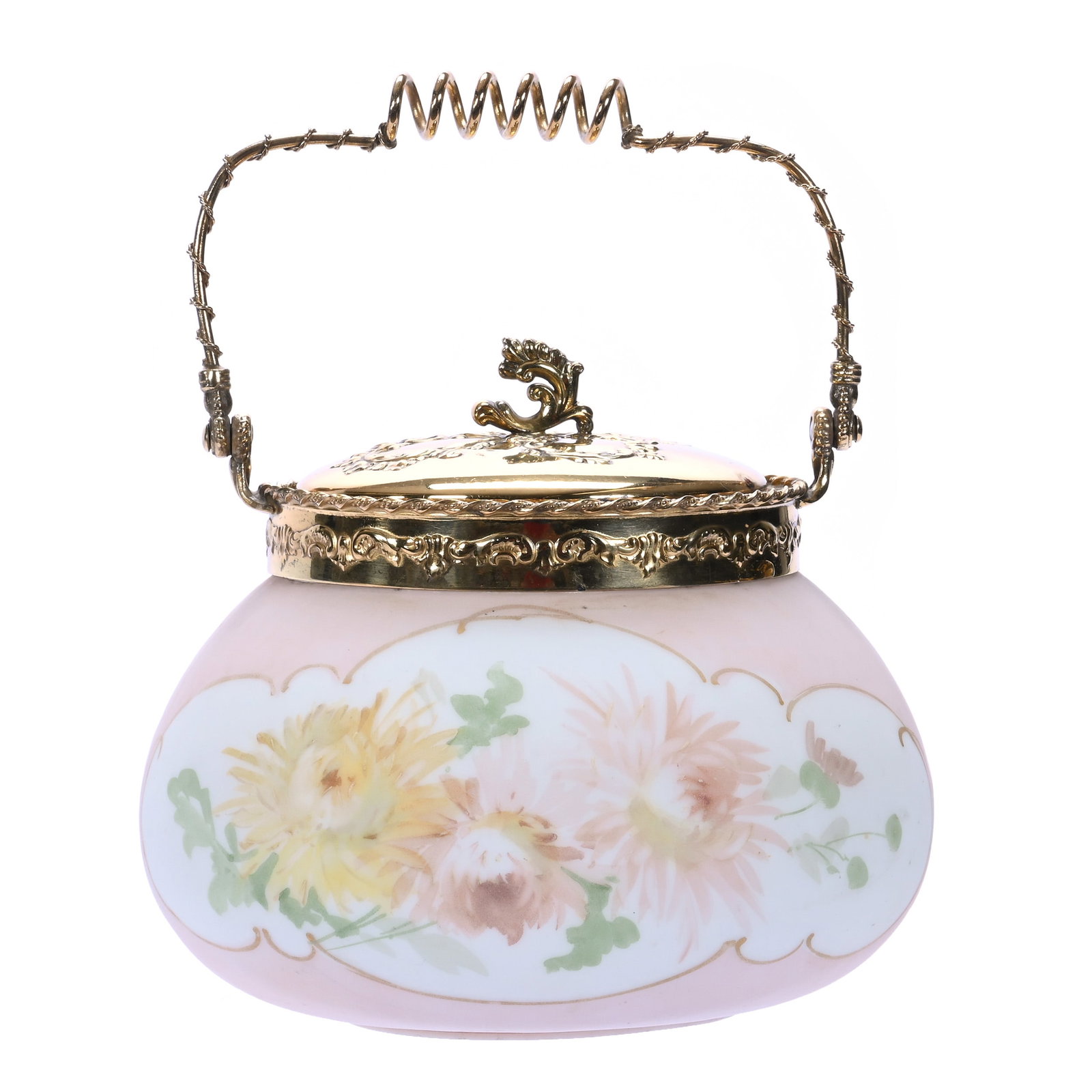 Biscuit Jar, Mt. Washington Pink And White Opalware: Biscuit Jar, Mt. Washington Pink And White Opalware, 6 x 6.75 x 6.75 Inches, Pink And Yellow Chrysanthemum Decor, Gilt Metal Lid And Bail, 2 Pounds, John And Doris Carty Estate Collection, IA, Effecti