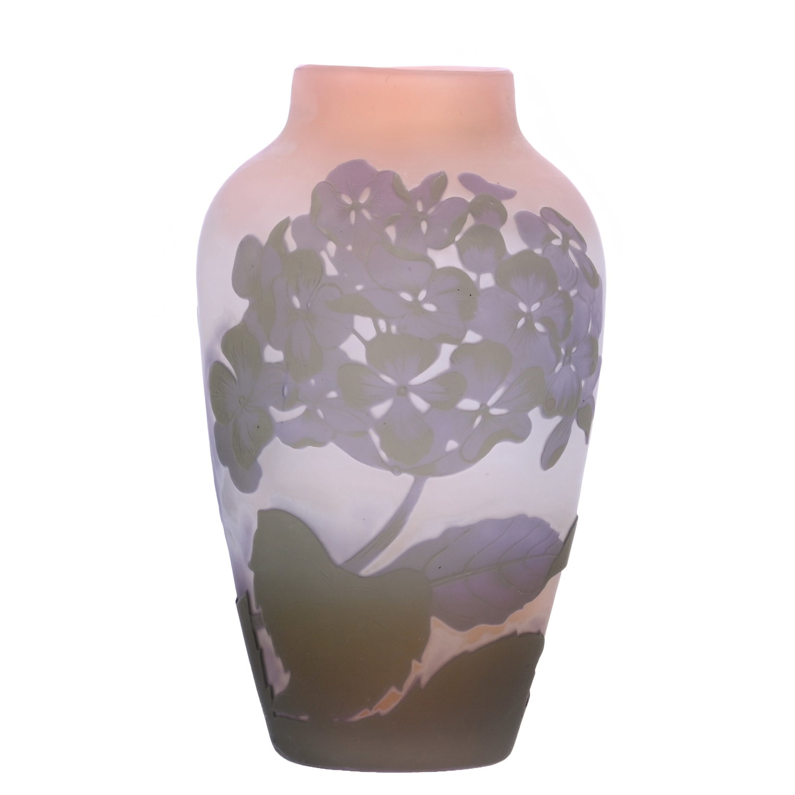 Vase, Marked Galle French Cameo Art Glass: Vase, Marked Galle French Cameo Art Glass, 6.25 x 3.75 x 3.75 Inches, Pink, White, And Lavender Ground With Green And Lavender Cameo Cutback Floral Overlay, 1.1 Pounds, Aubrey and Jean Silver