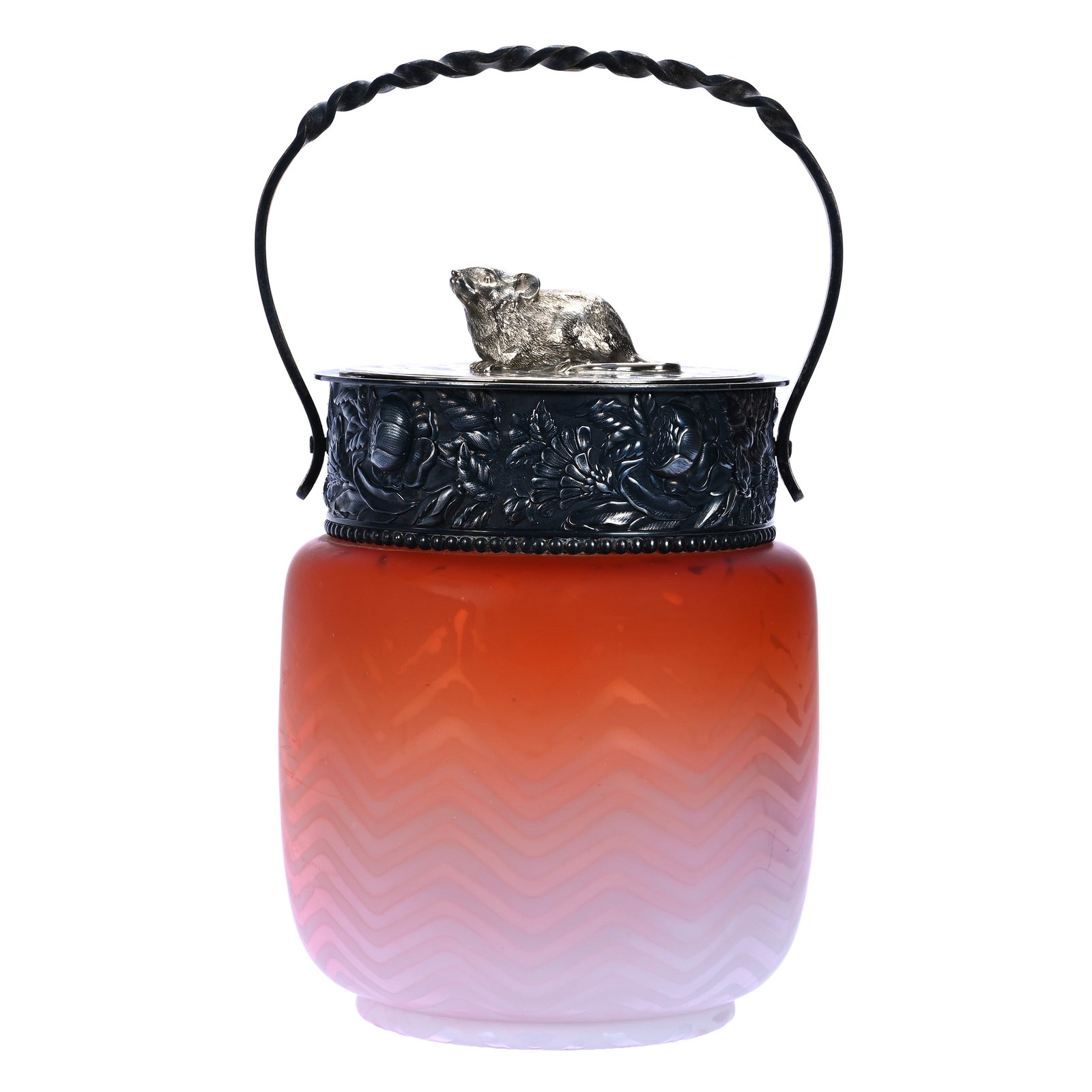 Biscuit Jar, Apricot Satin Herringbone Mother Of Pearl Art Glass: Biscuit Jar, Apricot Satin Herringbone Mother Of Pearl Art Glass, 7.5 x 5.25 x 5.25 Inches, Elaborate Embossed Floral Silverplate Rim With Figural Mouse Finial, 2.9 Pounds, John And Doris Carty