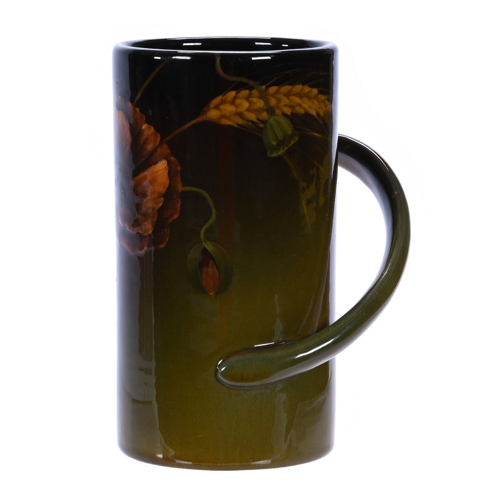 Mug, Marked Rookwood Art Pottery #328B, Dated 1900: Mug, Marked Rookwood Art Pottery #328B, Dated 1900, 5.75 x 4 x 3.25 Inches, Standard Glaze With Wheat And Poppy Decor, Artist Signed Carl Schmidt, Unique Swirl Applied Handle, 1.1 Pounds, Cliff And