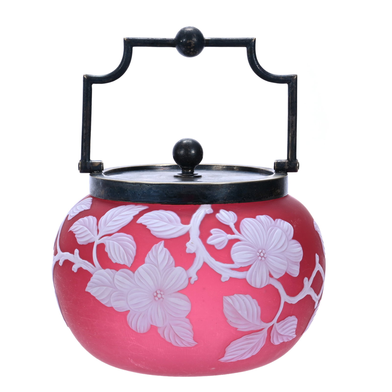Biscuit Jar, English Cameo Art Glass: Biscuit Jar, English Cameo Art Glass, 5.5 x 6.25 x 6.25 Inches, Cranberry Body With Heavy White Cameo Carved Branch And Floral Blossom Overlay, Attributed To Stevens & Williams, Silverplate Lid And Ba