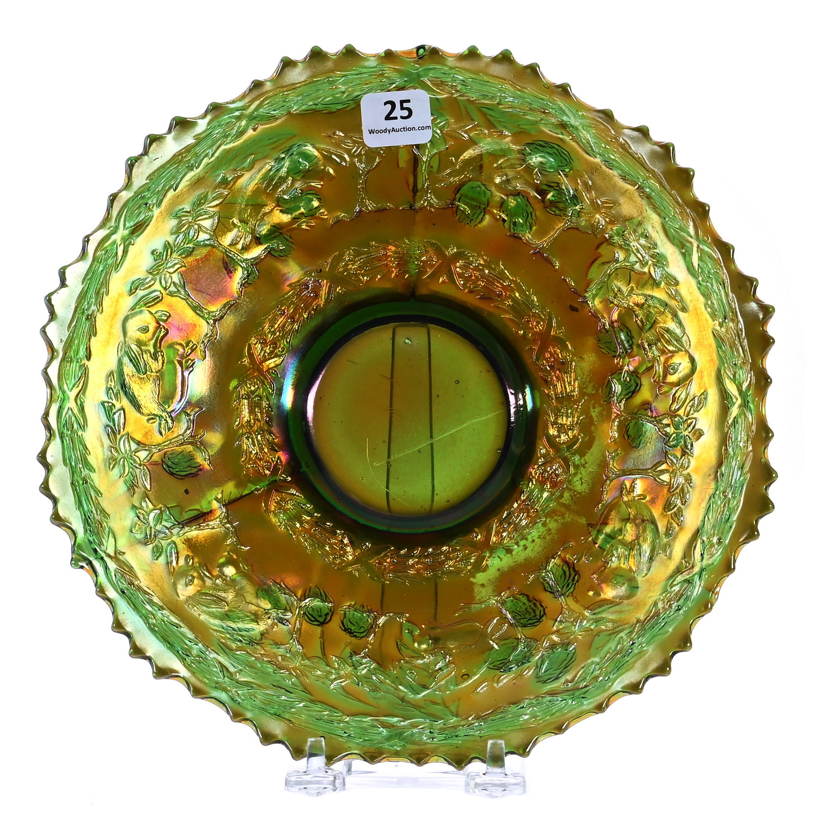 Plate, Green Carnival Glass Peter Rabbit By Fenton: Plate, Green Carnival Glass Peter Rabbit By Fenton, 9.5 x 9.5 x 1.25 Inches, Incredible Example, 1 Pound, Private Australian Collection, Effective 6/6/26 - All LiveAuctioneers Invoices Must Be Paid