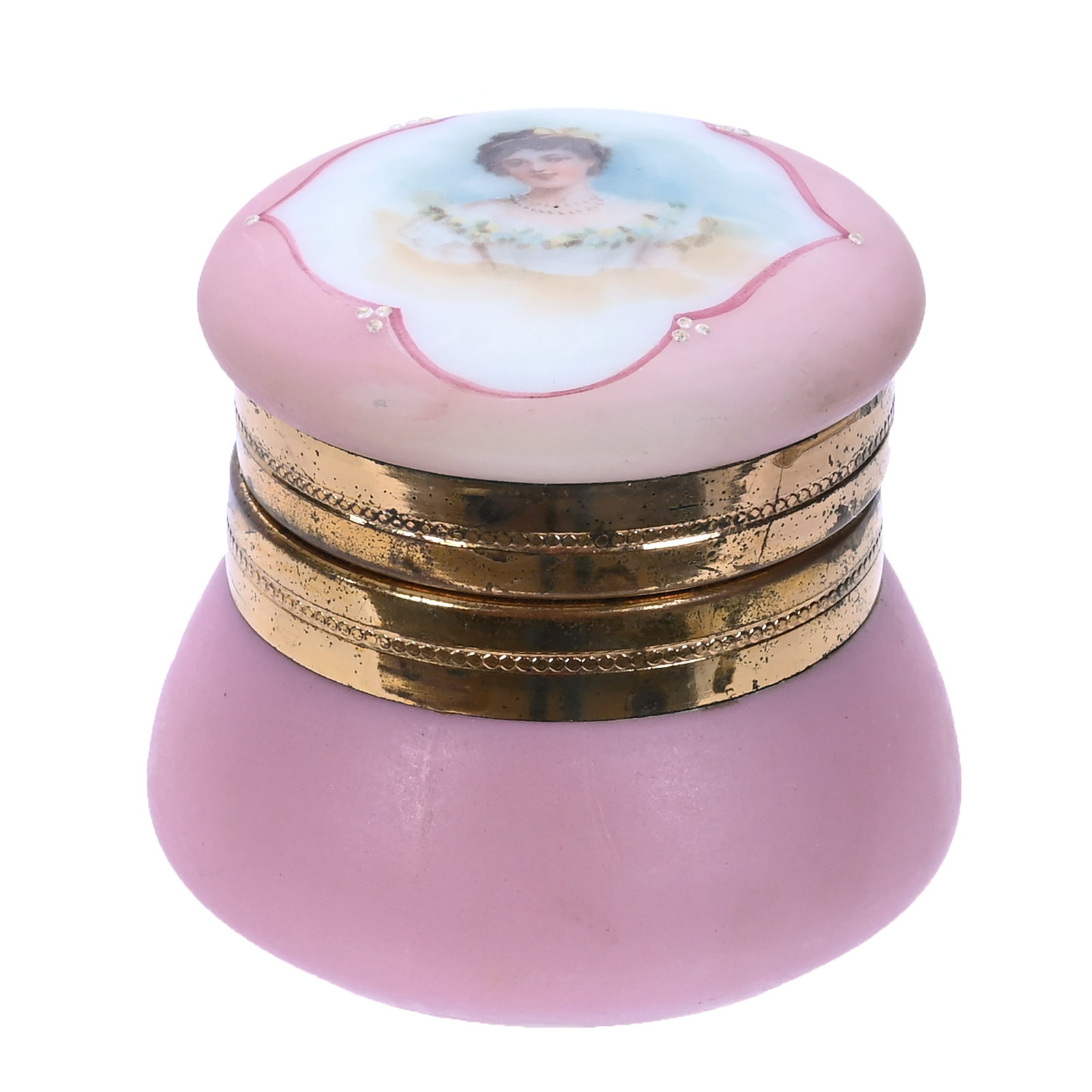 Ring Box, Marked Nakara: Ring Box, Marked Nakara, 2 x 2.5 x 2.5 Inches, Pink Tones With Portrait Of Young Woman, 0.3 Pounds, John And Doris Carty Estate Collection, IA, Effective 6/6/26 - All LiveAuctioneers Invoices Must Be 