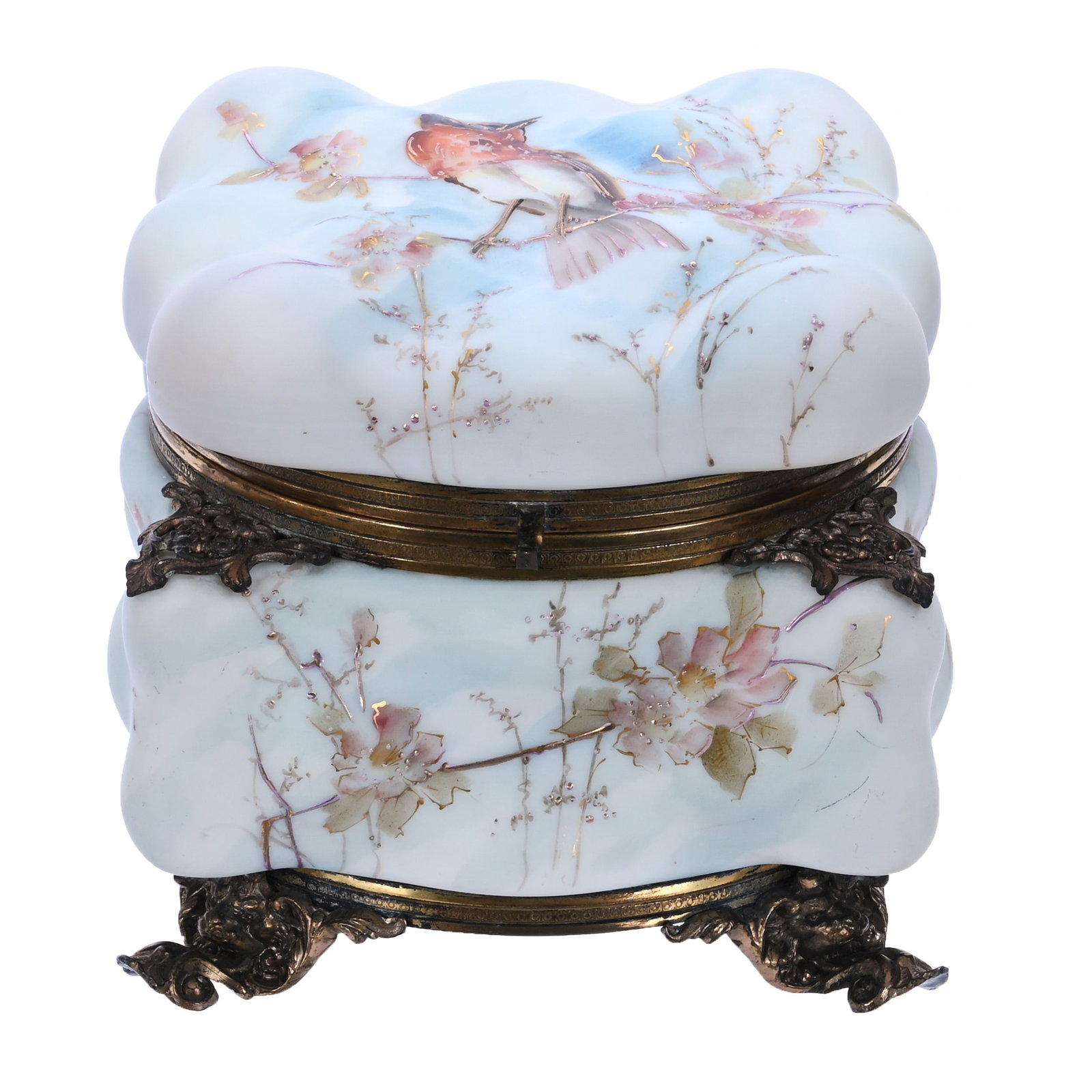Dresser Box, Unmarked Wave Crest, Egg Crate Mold: Dresser Box, Unmarked Wave Crest, Egg Crate Mold, 6.5 x 6.5 x 6.25 Inches, Blue And White Tones With Robin And Blossom Decor, Original Lining, Nice Example, 3.7 Pounds, John And Doris Carty Estate