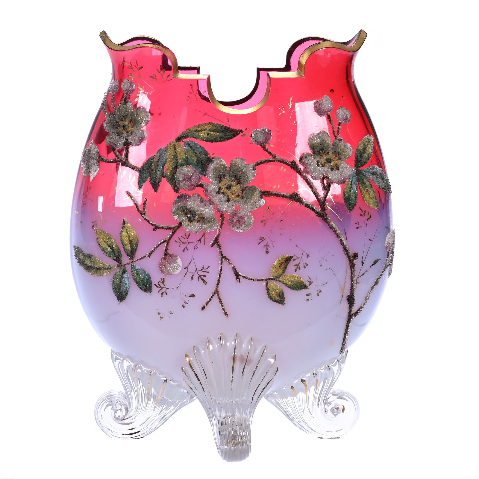 Footed Vase, Cranberry Opalescent Art Glass: Footed Vase, Cranberry Opalescent Art Glass, 8 x 6.5 x 5 Inches, Coralene Blossom And Branch Decor, Tiny Outside Rim Nick, 2.3 Pounds, John And Doris Carty Estate Collection, IA, Effective 6/6/26 -