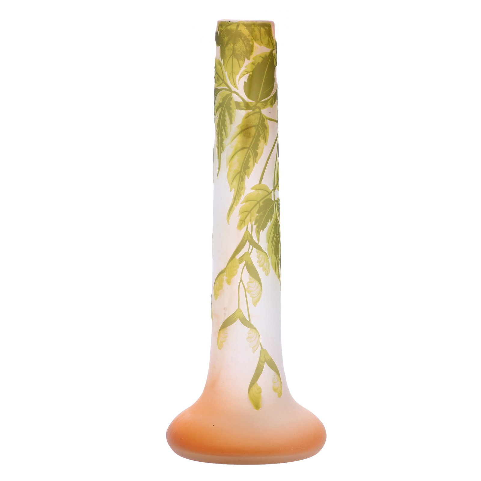 Vase, Signed Galle French Cameo Art Glass: Vase, Signed Galle French Cameo Art Glass, 13.25 x 5 x 5 Inches, White And Pink Ground With Green Cutback Branch, Leaf, And Seed Decor, 2 Pounds, Aubrey and Jean Silver Collection, CA, Effective 6/6/2