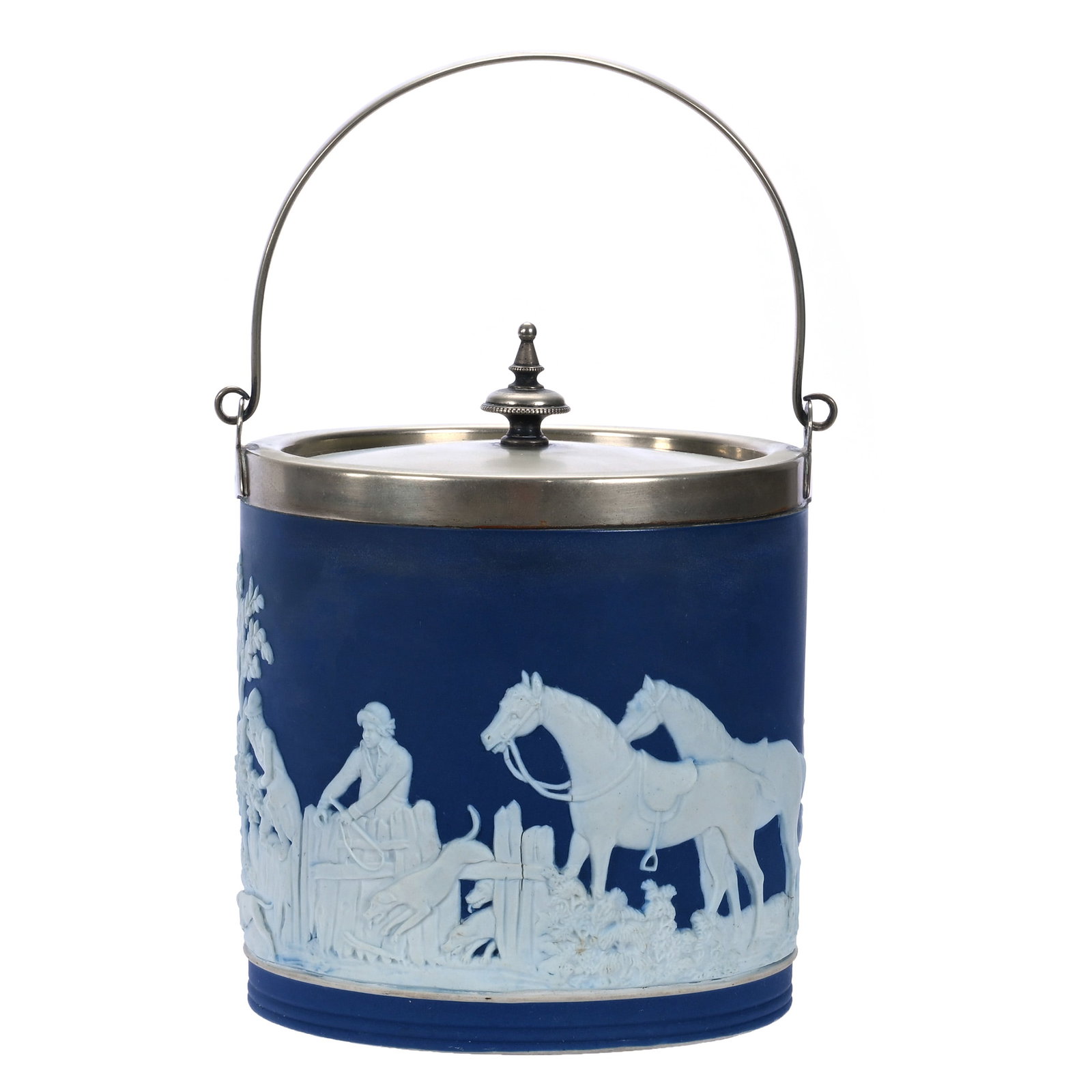 Biscuit Jar, Marked Wedgwood Jasperware: Biscuit Jar, Marked Wedgwood Jasperware, 6.25 x 5.5 x 5.25 Inches, Classic Blue And White With Fox Hunt Scenic Relief, Silverplate Lid And Bail, 2.3 Pounds, John And Doris Carty Estate Collection,