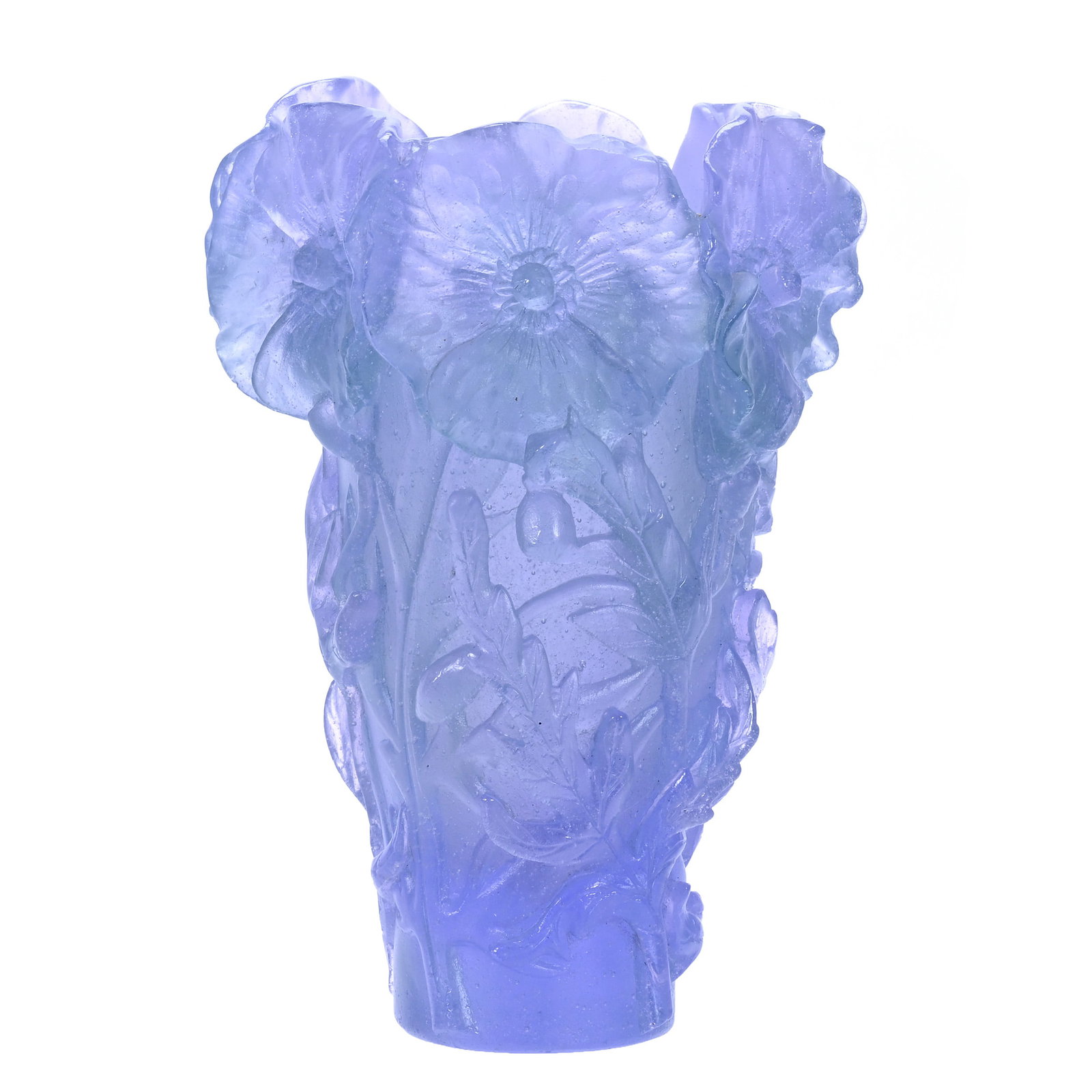 Vase, Signed Daum France, French Pate De Verre: Vase, Signed Daum France, French Pate De Verre, 7 x 4.5 x 4.5 Inches, Three Dimensional Hibiscus Design, Lavender Tones, 3.4 Pounds, Cliff And Myra Bilbo Collection, TN, Effective 6/6/26 - All LiveAuc