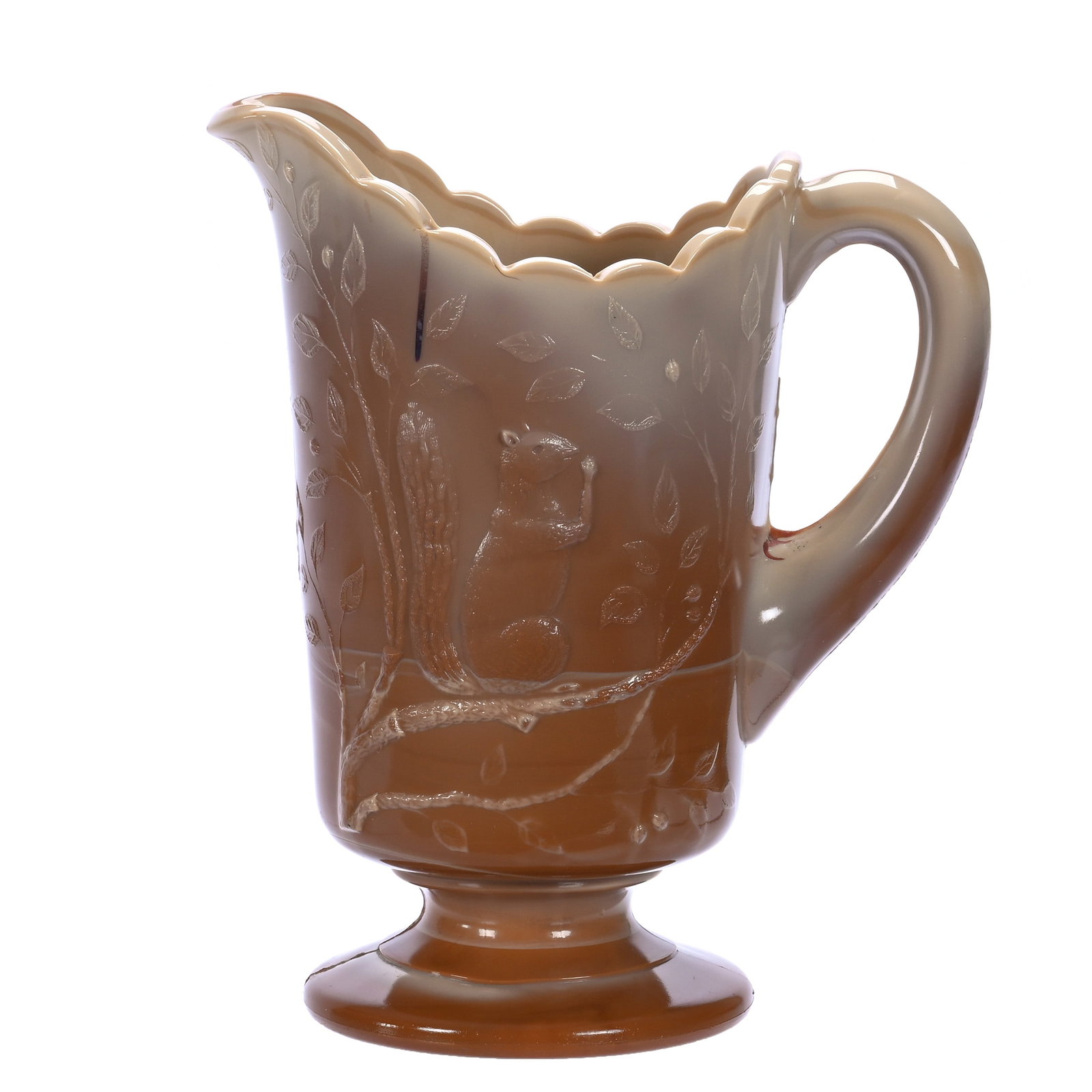 Pedestal Pitcher, Greentown Chocolate Glass: Pedestal Pitcher, Greentown Chocolate Glass, 8.75 x 7.25 x 4.75 Inches, Squirrel Pattern, 3.1 Pounds, John And Doris Carty Estate Collection, IA, Effective 6/6/26 - All LiveAuctioneers Invoices Must