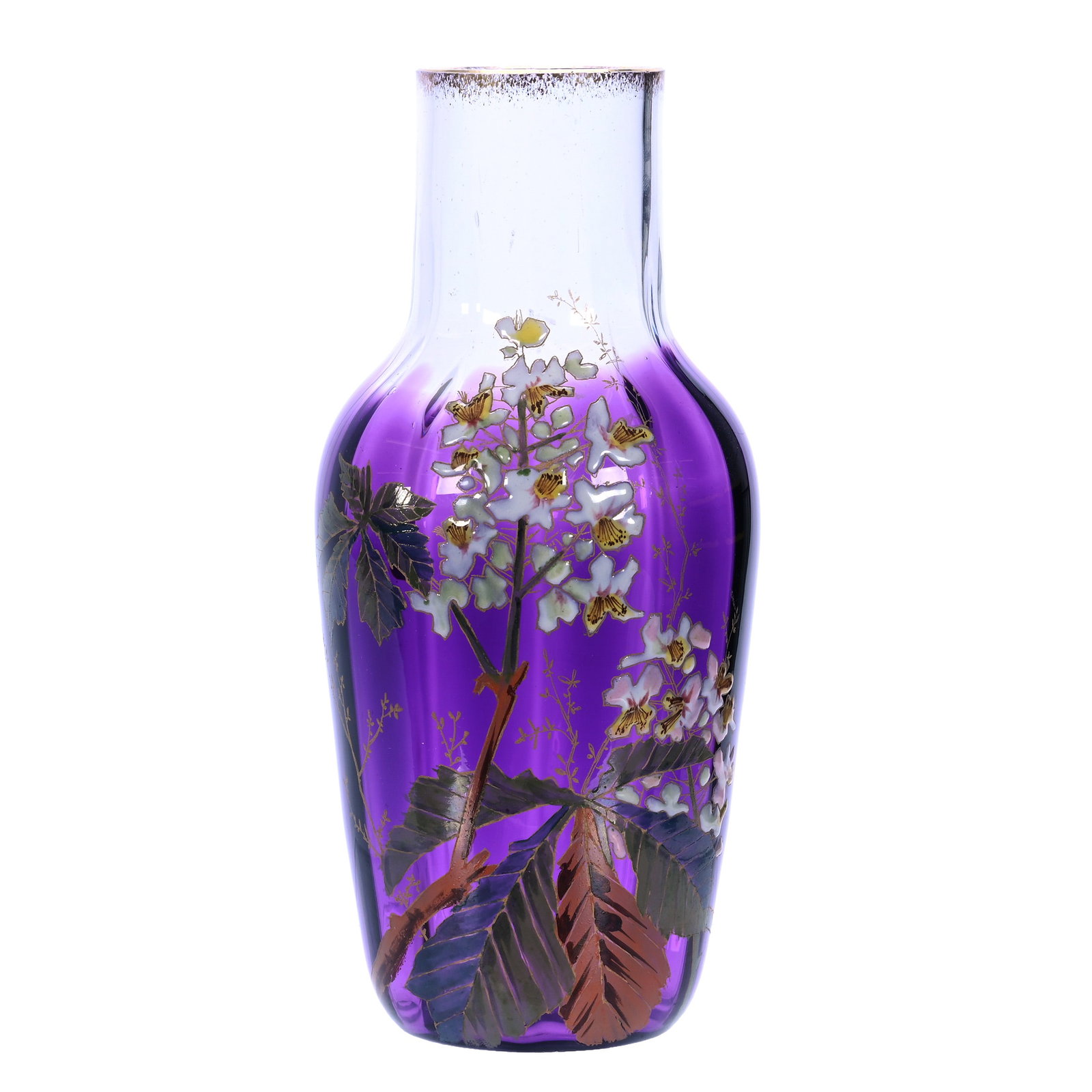 Vase, Unmarked Mont Joye Style Art Glass: Vase, Unmarked Mont Joye Style Art Glass, 8.25 x 3.75 x 3.75 Inches, Clear Shading To Lavender With Heavy Enamel Branch And Blossom Decor, 0.9 Pounds, Cliff And Myra Bilbo Collection, TN, Effective