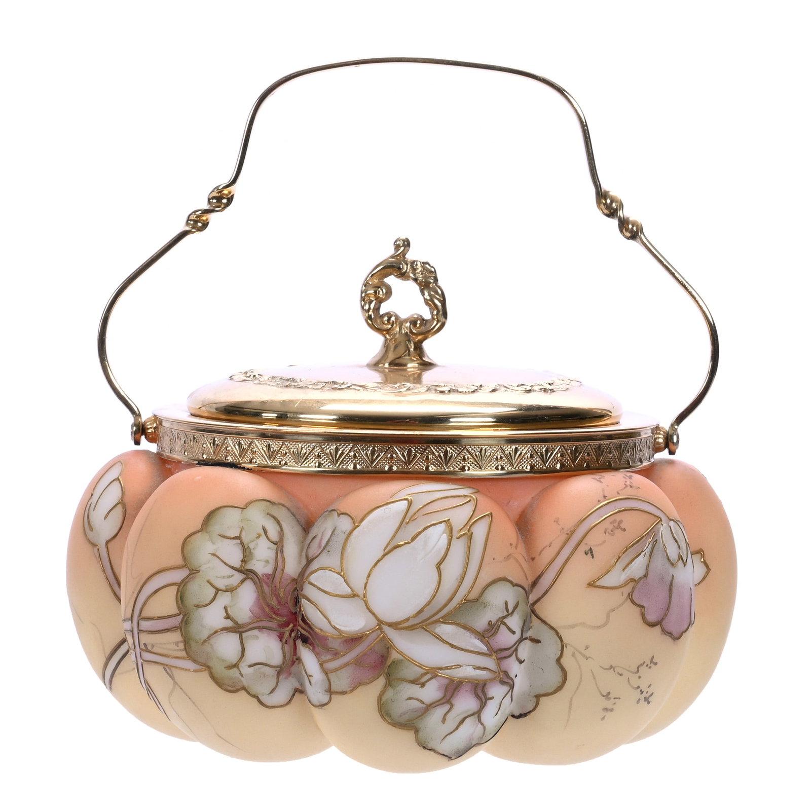 Sweet Meat, Decorated Burmese Attributed To Mt. Washington: Sweet Meat, Decorated Burmese Attributed To Mt. Washington, 5.25 x 5.25 x 4 Inches, Melon Ribbed With Water Lily And Blossom Decor, Gilt Metal Lid And Bail, 1 Pound, John And Doris Carty Estate Collec