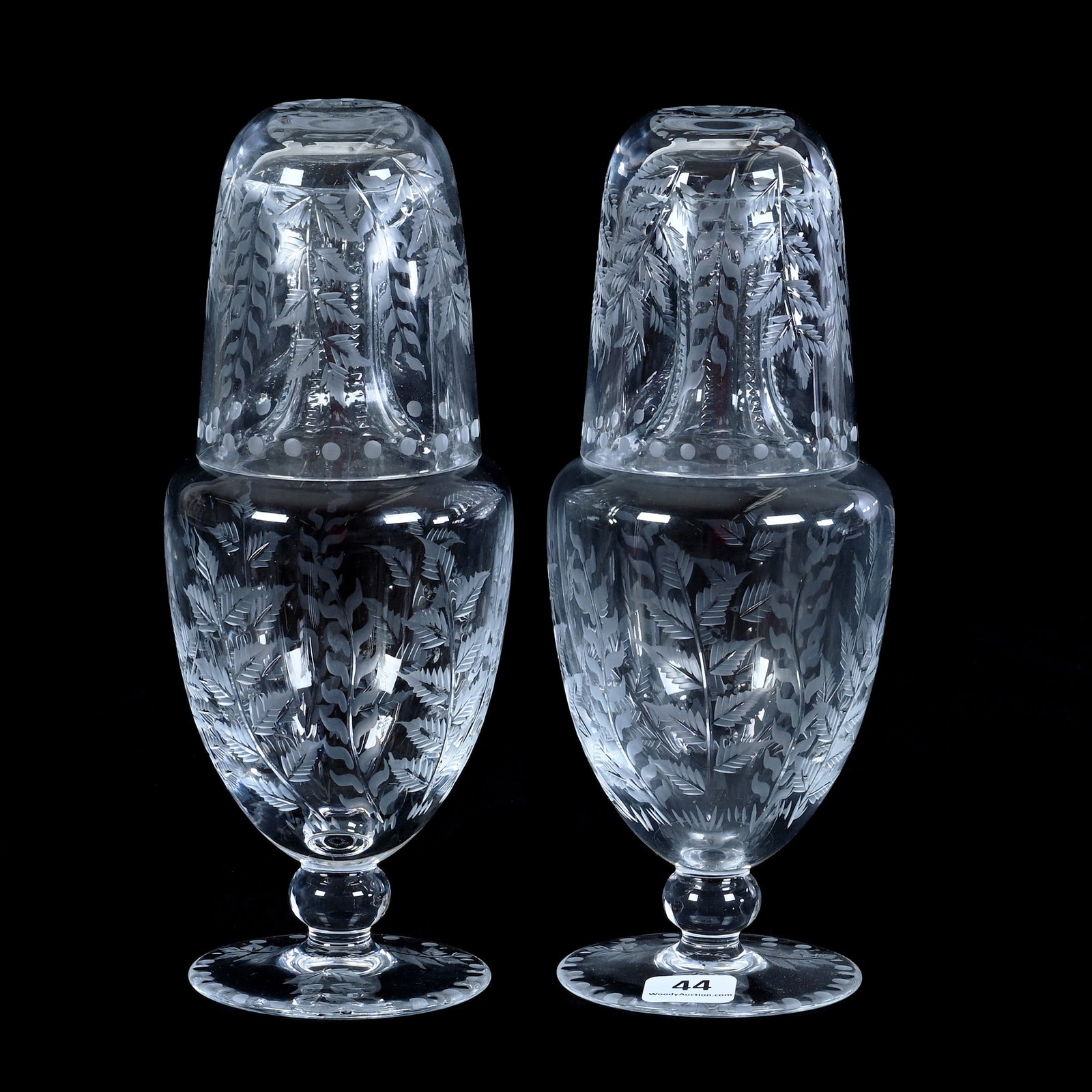 Pair Pedestal Tumble Ups, Signed William Yeoward: Pair Pedestal Tumble Ups, Signed William Yeoward, 8.5 x 3.25 x 3.25 Inches, Finely Engraved Fern Decor, Late 20th Century, Nice Quality, 2.5 Pounds, Cliff And Myra Bilbo Collection, TN, Effective
