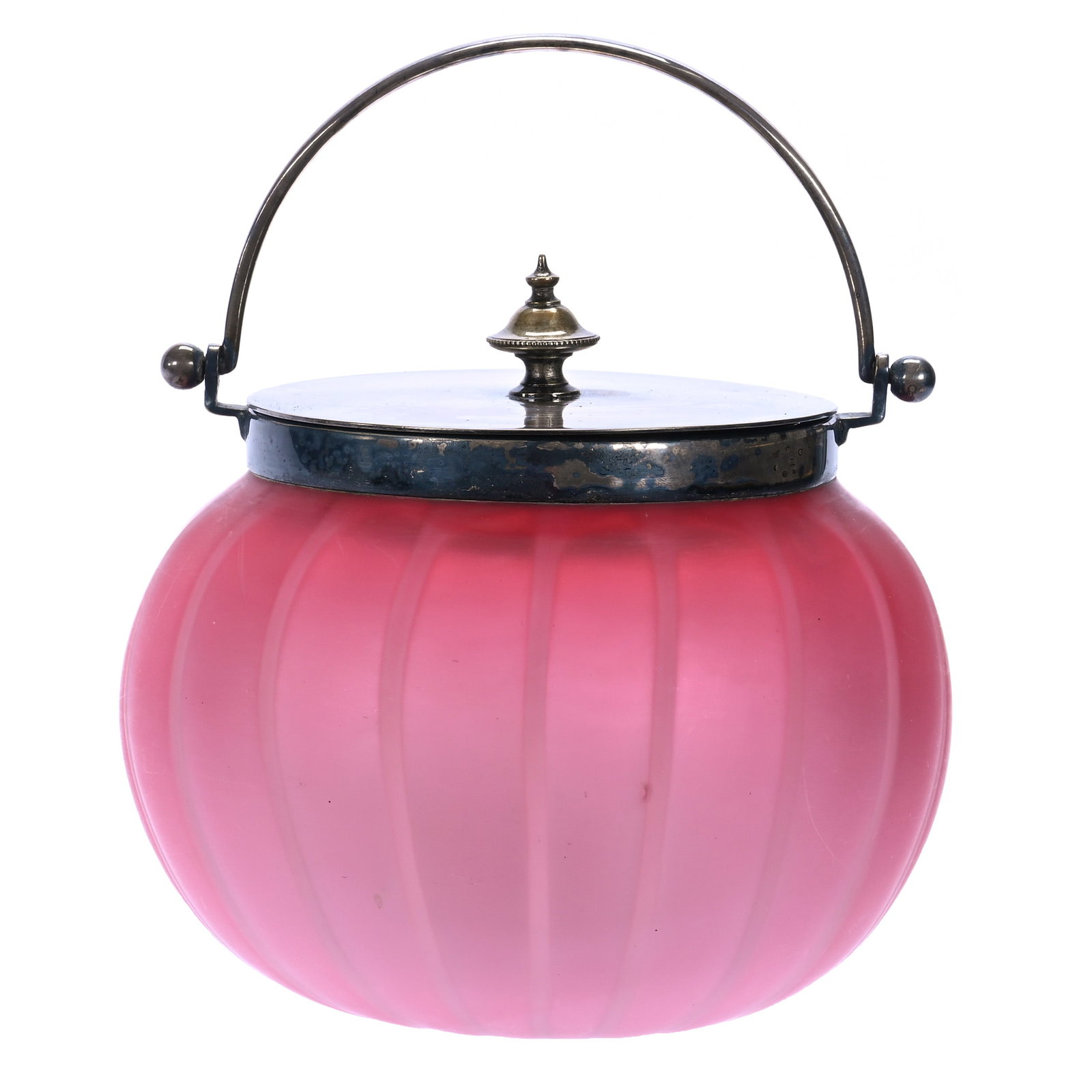 Biscuit Jar, Pink Satin Art Glass: Biscuit Jar, Pink Satin Art Glass, 5.75 x 6 x 6 Inches, Ribbon Type Design Mother Of Pearl, Silverplate Lid And Bail, 2.7 Pounds, John And Doris Carty Estate Collection, IA, Effective 6/6/26 - All Liv