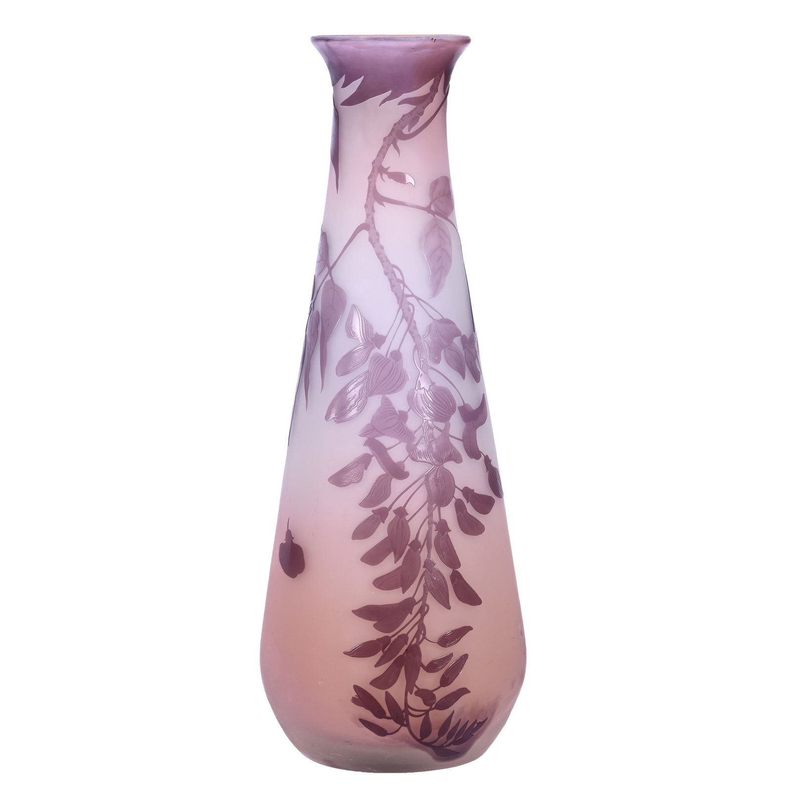 Vase, Signed Galle French Cameo Art Glass: Vase, Signed Galle French Cameo Art Glass, 19.5 x 7 x 7 Inches, Pink And White Ground With Amethyst Carved Branch, Leaf, And Seed Decor, Nice Size, 8.5 Pounds, Aubrey and Jean Silver Collection, CA,