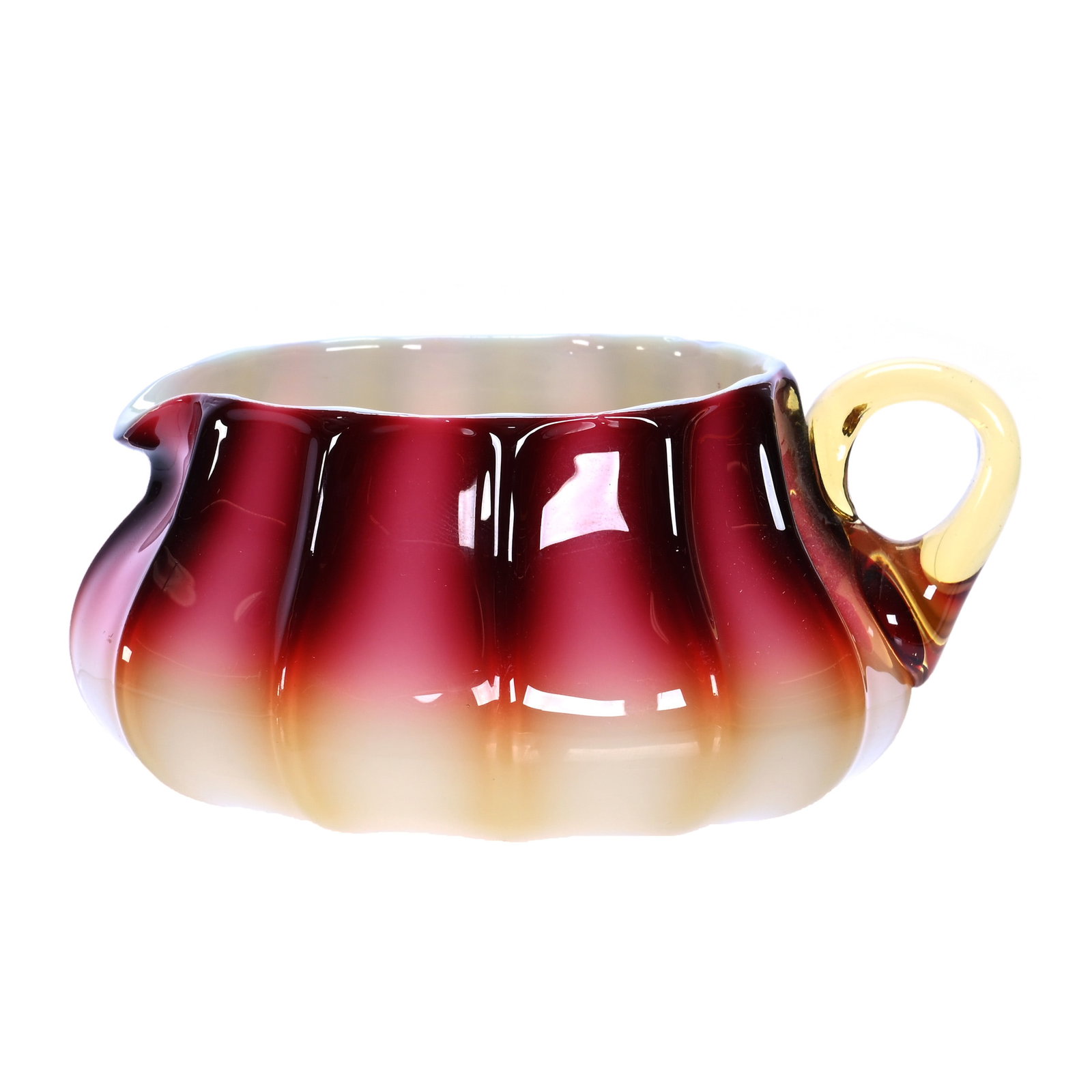 Creamer, Plated Amberina Art Glass By New England: Creamer, Plated Amberina Art Glass By New England, 2.5 x 5 x 4.5 Inches, Fantastic Color, Pronounced Ribs, Perfect Handle, 0.6 Pounds, Douglass Millhoff Collection, OH, Effective 6/6/26 - All