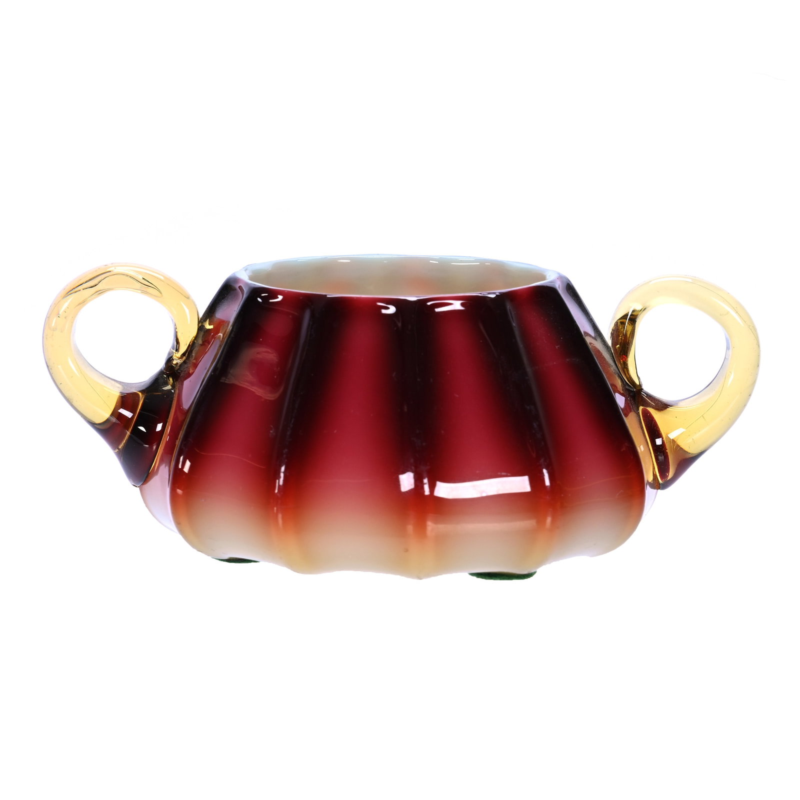 Two-Handled Sugar, Plated Amberina Art Glass By New England: Two-Handled Sugar, Plated Amberina Art Glass By New England, 2 x 5.25 x 4 Inches, Strong Color, Pronounced Ribs, Perfect Handles, 0.6 Pounds, Douglass Millhoff Collection, OH, Effective 6/6/26 - All