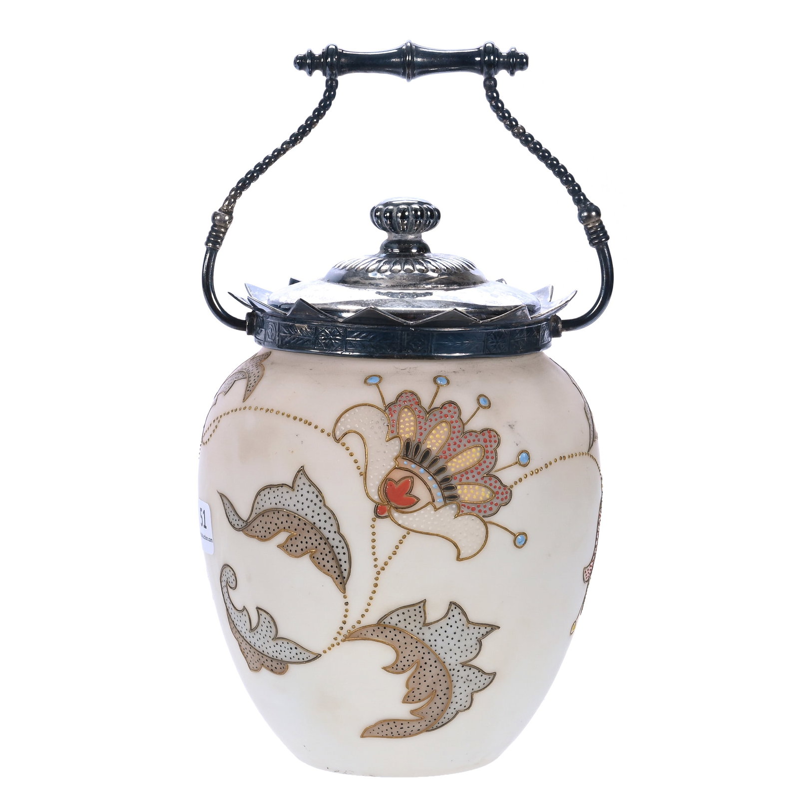 Biscuit Jar, Pink And Cream Opalware Art Glass: Biscuit Jar, Pink And Cream Opalware Art Glass, 7.75 x 5.25 x 5.25 Inches, Attributed To Mt. Washington, Beaded Tapestry Stylized Floral Overlay, Silverplate Lid And Bail Marked Pairpoint, 2 Pounds,
