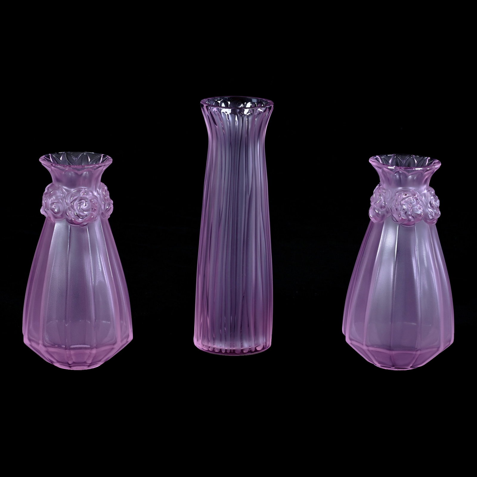 (3) Vases, Signed Lalique France, Solid Ice Pink: (3) Vases, Signed Lalique France, Solid Ice Pink, 8 x 2.5 x 2.5 Inches, (1) Brindille Pattern And (2) 6.5" X 3.5" Oeilletes Pattern, 3.5 Pounds, Cliff And Myra Bilbo Collection, TN, Effective 6/6/26