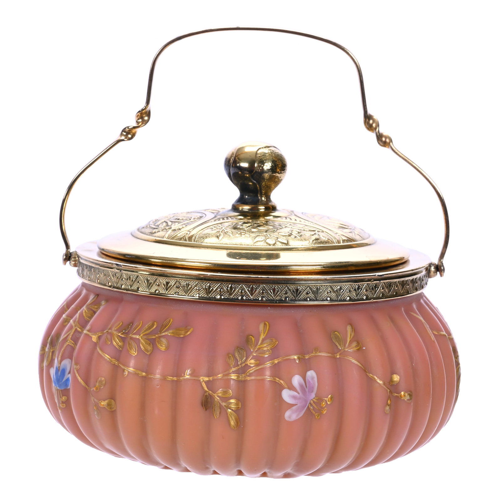 Sweet Meat, Dark Burmese Satin Art Glass: Sweet Meat, Dark Burmese Satin Art Glass, 5.5 x 5.5 x 4 Inches, Thin Melon Ribs, Attributed To Mt. Washington, Enamel Floral Highlights, Gilt Metal Lid And Bail, 1.3 Pounds, John And Doris Carty