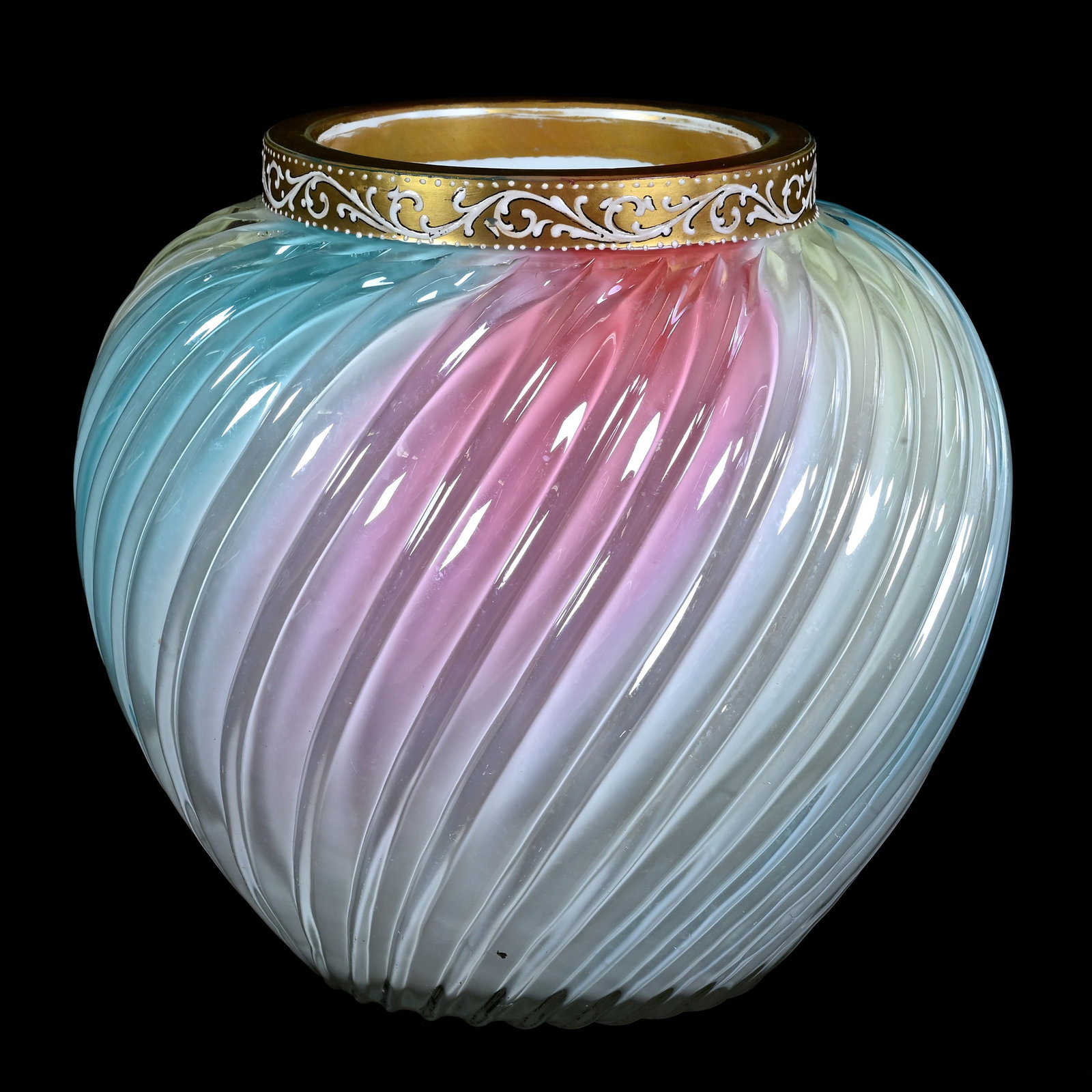 Vase, Cased Rainbow Art Glass, Swirl Ribbed: Vase, Cased Rainbow Art Glass, Swirl Ribbed, 5.75 x 6 x 6 Inches, Nice Quality, 2.7 Pounds, Cliff And Myra Bilbo Collection, TN, Effective 6/6/26 - All LiveAuctioneers Invoices Must Be Paid Using the 