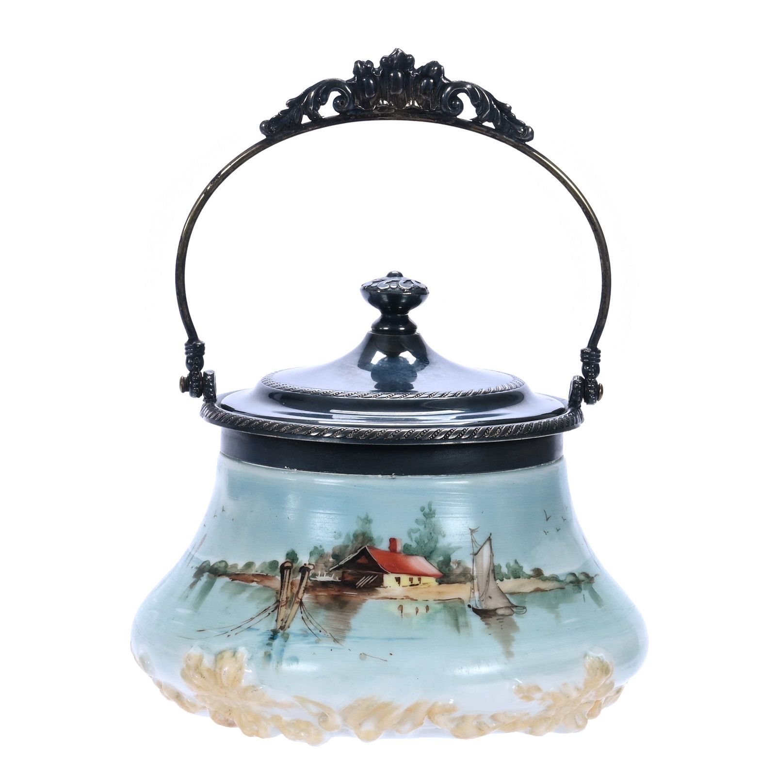 Biscuit Jar, Unmarked Mt. Washington Opalware: Biscuit Jar, Unmarked Mt. Washington Opalware, 7 x 7 x 6.25 Inches, Sailboat Harbor Scenic Decor, Blue And Cream Tones, Silverplate Lid And Bail Marked Pairpoint, 2.2 Pounds, John And Doris Carty