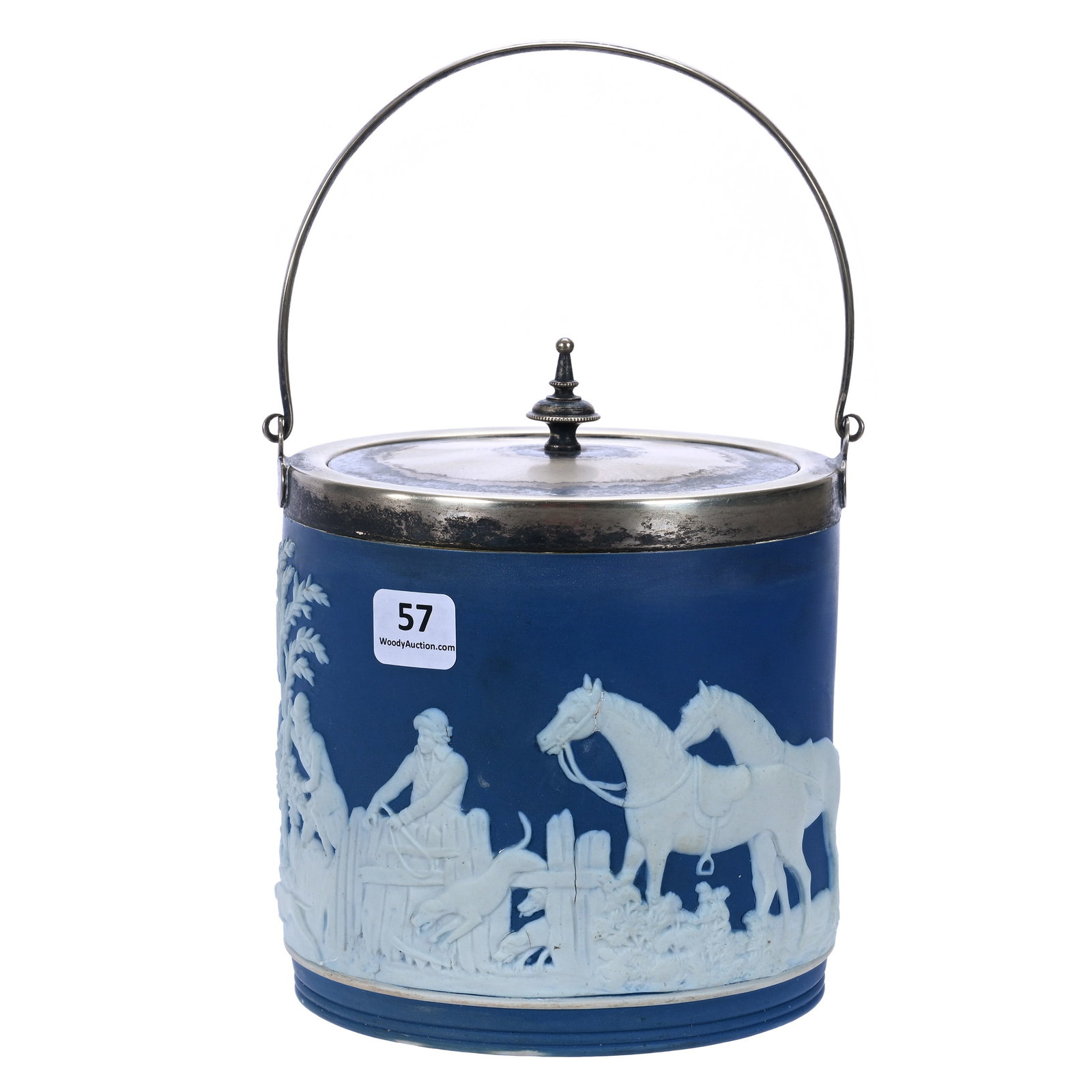 Biscuit Jar, Marked Wedgwood Jasperware: Biscuit Jar, Marked Wedgwood Jasperware, 6.5 x 5.25 x 5.25 Inches, Classic Blue And White With Fox Hunt Scenic Relief, Silverplate Lid And Bail, 2.4 Pounds, John And Doris Carty Estate Collection,