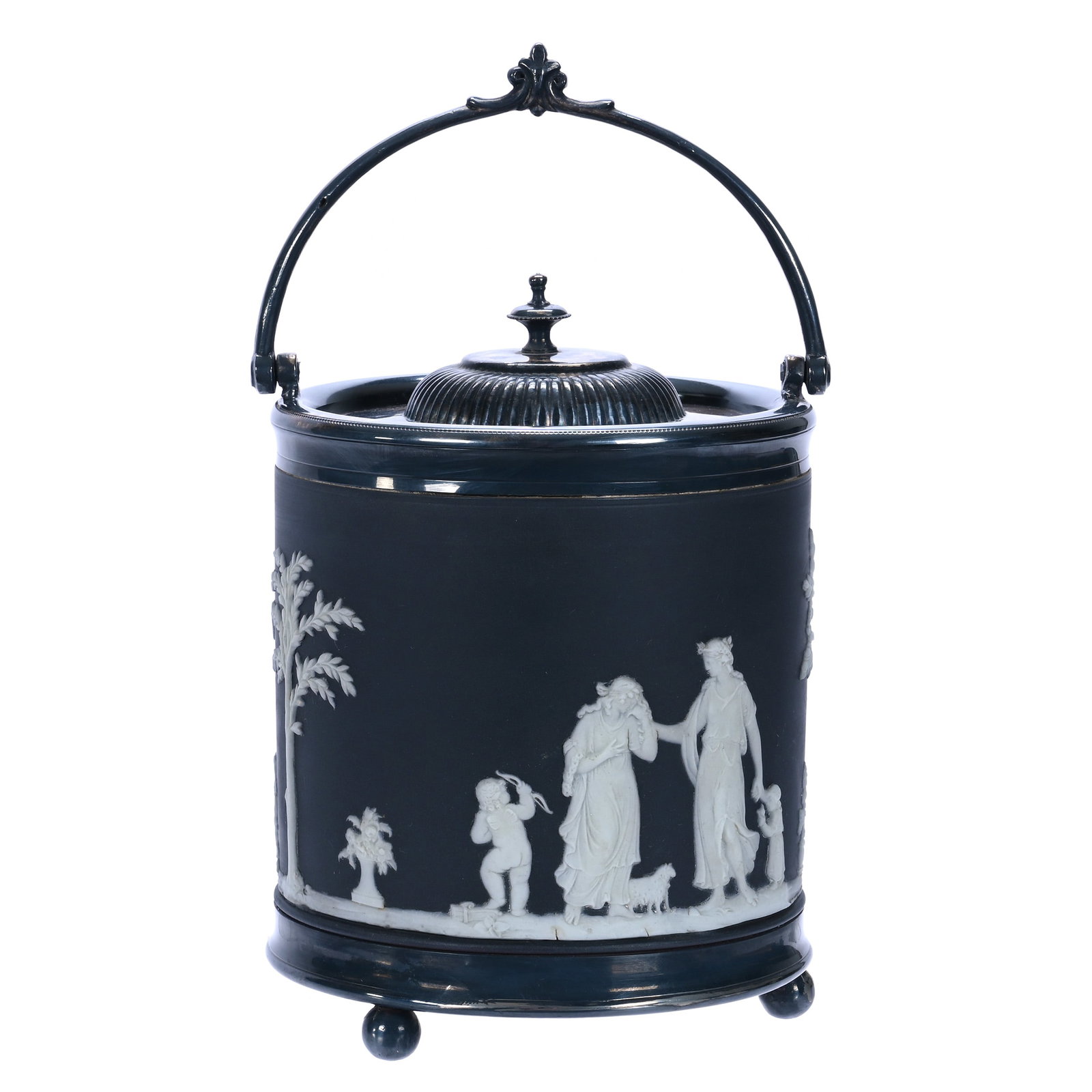 Biscuit Jar, Marked Wedgwood Jasperware: Biscuit Jar, Marked Wedgwood Jasperware, 7.5 x 5.25 x 5.25 Inches, Black And White Classic Scenic Relief, Silverplate Lid And Bail, Metal Ring Base, 2.6 Pounds, John And Doris Carty Estate