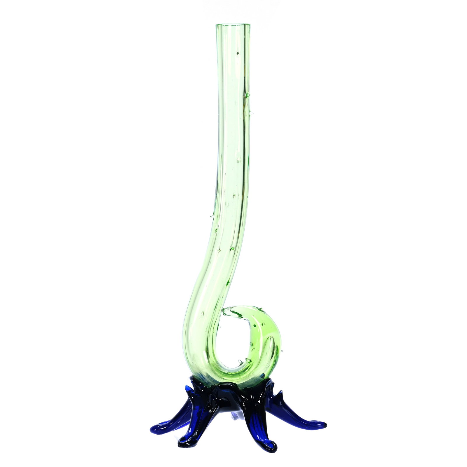 Bud Vase, Art Glass: Bud Vase, Art Glass, 12.25 x 5.5 x 5.5 Inches, Uranium Glass Body With Thorns And Blue Applied Feet, Highly Reactive Under Black Light, The Five Feet Do Not Touch The Table At The Same Time, 1 Pound,