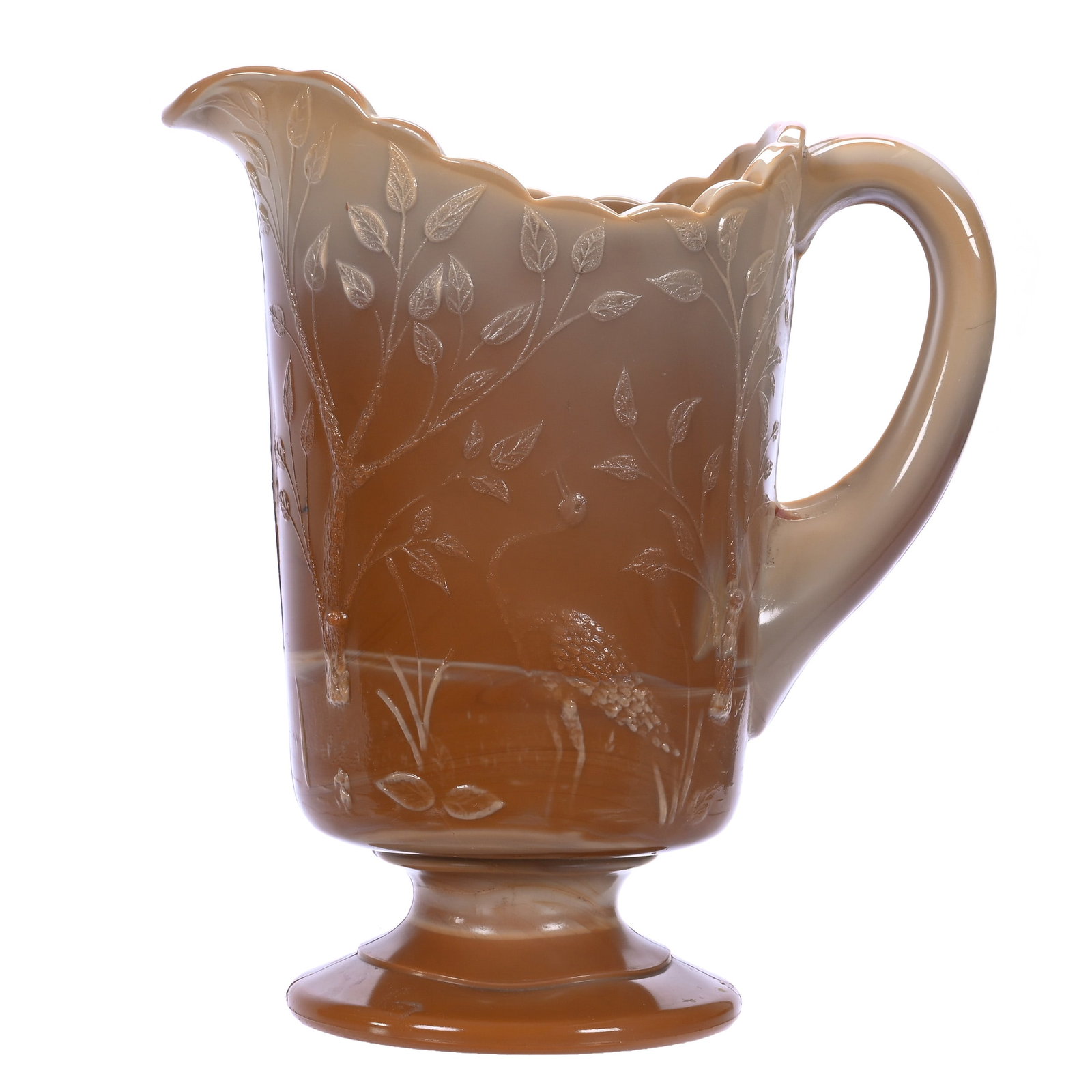 Pedestal Pitcher, Greentown Chocolate Glass: Pedestal Pitcher, Greentown Chocolate Glass, 8.75 x 7.5 x 4.75 Inches, Stork Pattern, 2.9 Pounds, John And Doris Carty Estate Collection, IA, Effective 6/6/26 - All LiveAuctioneers Invoices Must Be