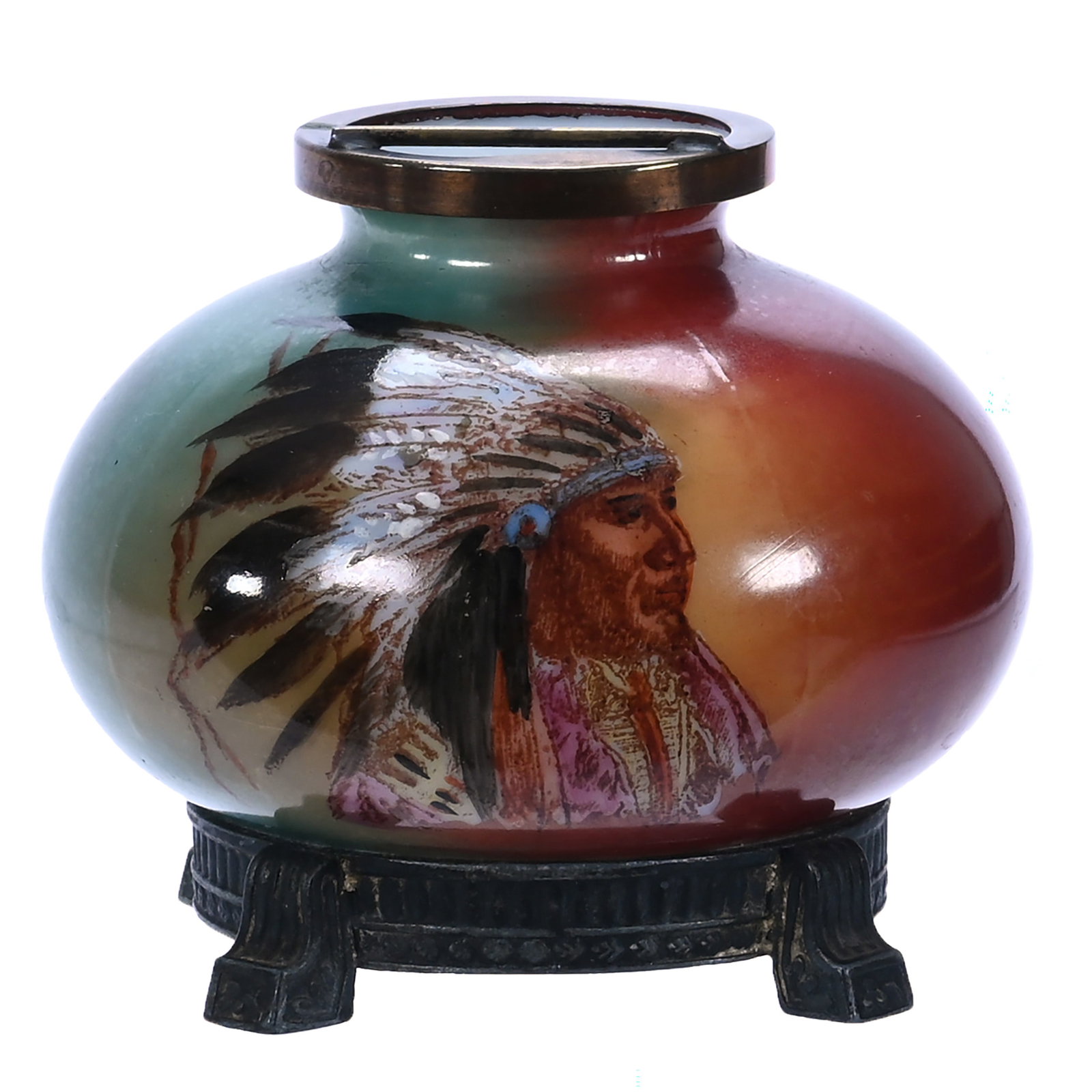 Vase Shaped Ashtray, Unmarked Nakara: Vase Shaped Ashtray, Unmarked Nakara, 3 x 3.5 x 3.5 Inches, Green And Brown Tones With Rare Native American Chief Portrait Decor, Metal Foot And Rim, 0.5 Pounds, John And Doris Carty Estate