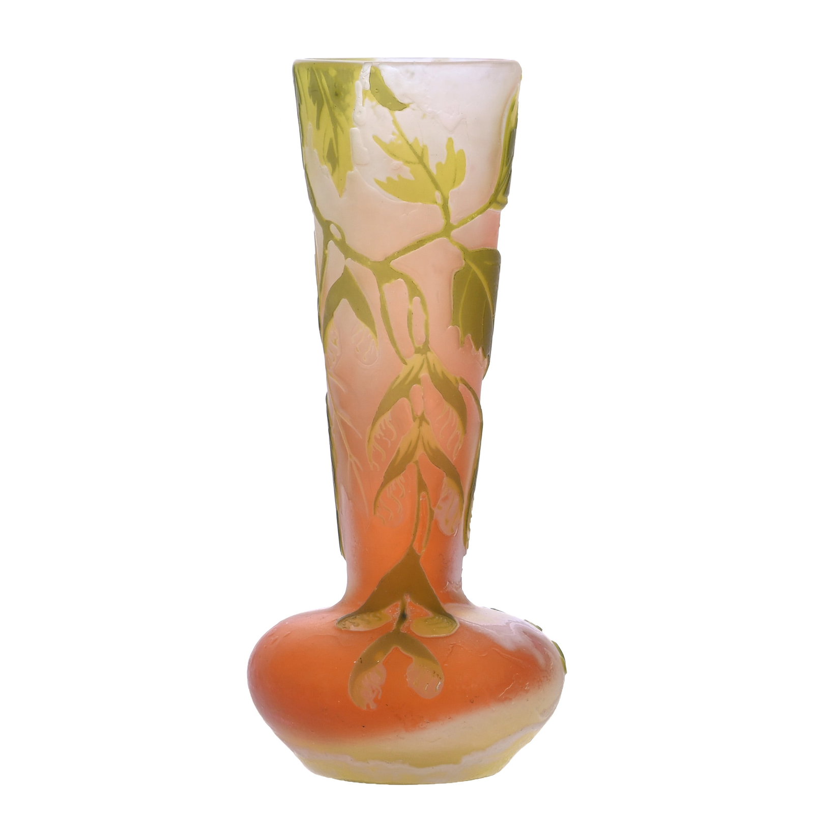 Vase, Signed Galle French Cameo Art Glass: Vase, Signed Galle French Cameo Art Glass, 5 x 2.25 x 2.25 Inches, Orange And White Ground With Green Cutback Branch, Leaf, And Seed Decor, 0.3 Pounds, Aubrey and Jean Silver Collection, CA, Effective