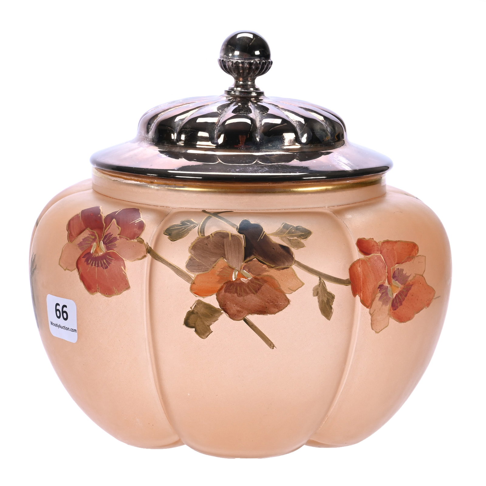 Biscuit Jar, Unmarked Mt. Washington Art Glass: Biscuit Jar, Unmarked Mt. Washington Art Glass, 6.75 x 7 x 7 Inches, Flemish Type Design With Enamel Pansy Decor, Silverplate Lid, 1.8 Pounds, John And Doris Carty Estate Collection, IA, Effective