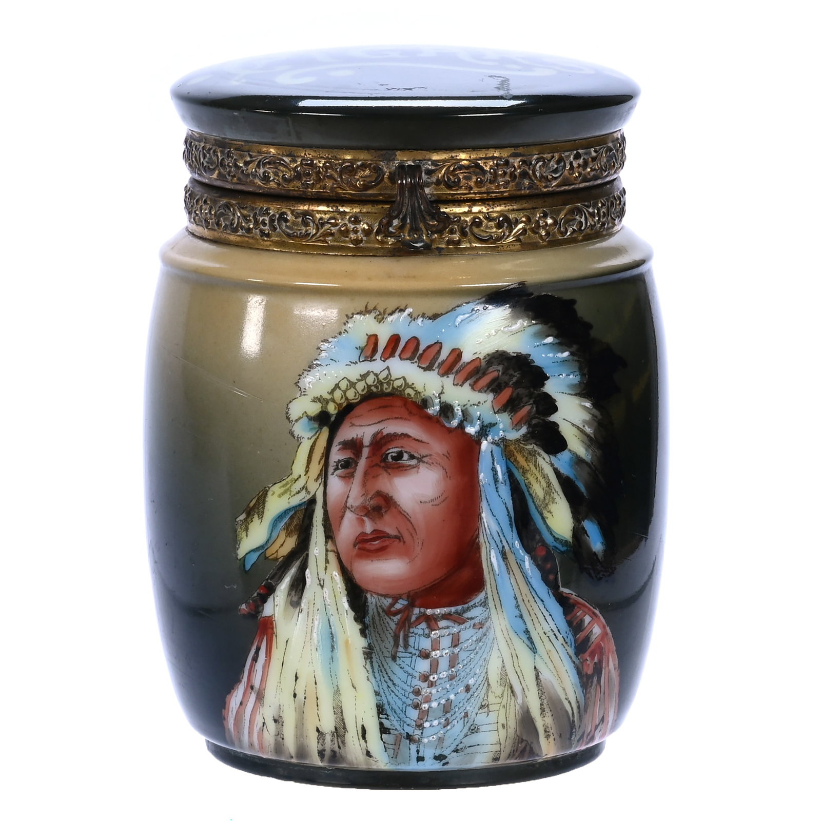 Humidor, Marked Nakara: Humidor, Marked Nakara, 5.75 x 4.25 x 4.25 Inches, Green And Cream Tones With Native American Portrait Decor, Labeled "Cigars" On Lid, Nice Example, 1.3 Pounds, John And Doris Carty Estate Collection,