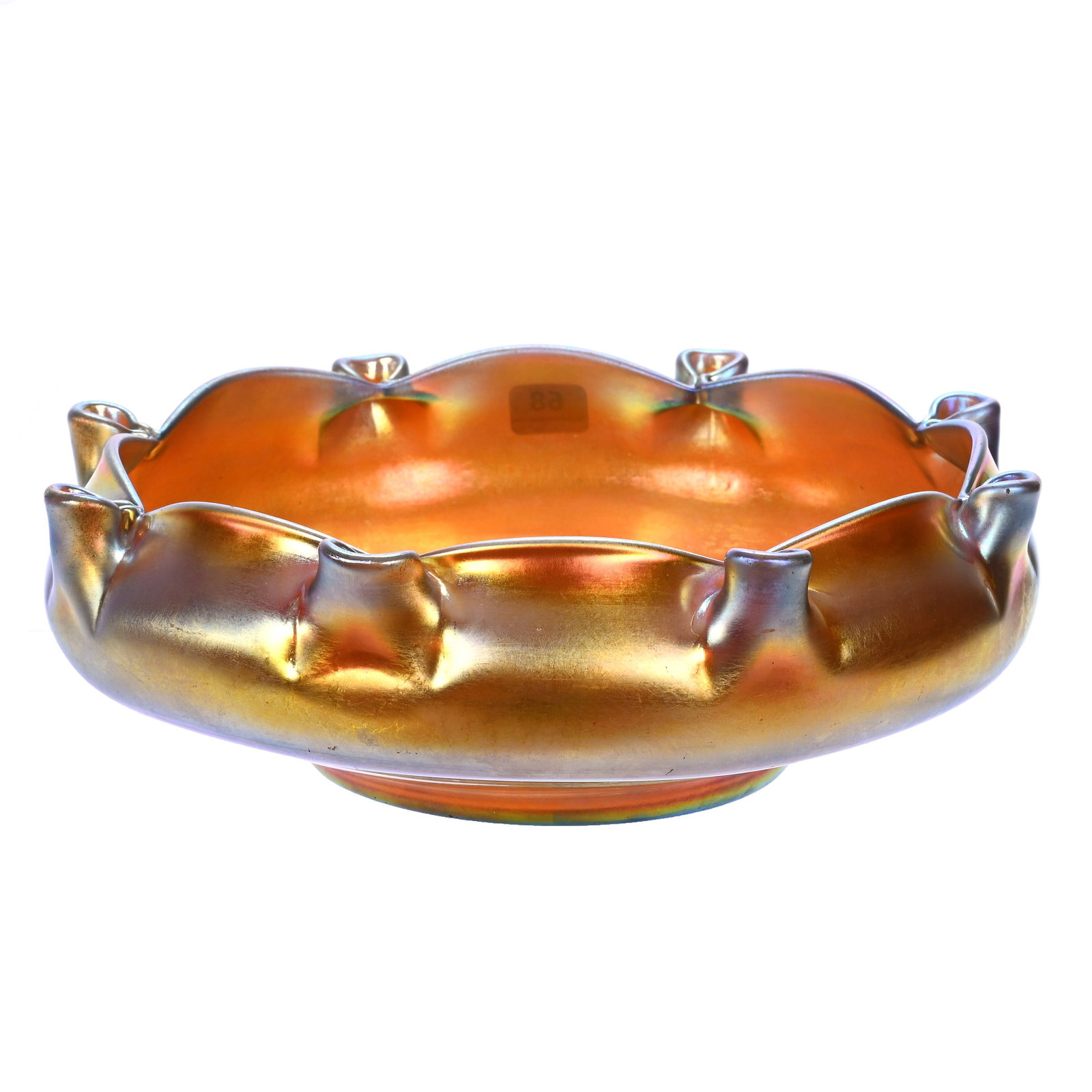 Bowl, Signed Aurene By Steuben #2775: Bowl, Signed Aurene By Steuben #2775, 10.25 x 10.25 x 3.25 Inches, Beautiful Gold Iridescence, Wonderful Pinched Rim, 2.6 Pounds, John And Doris Carty Estate Collection, IA, Effective 6/6/26 - All