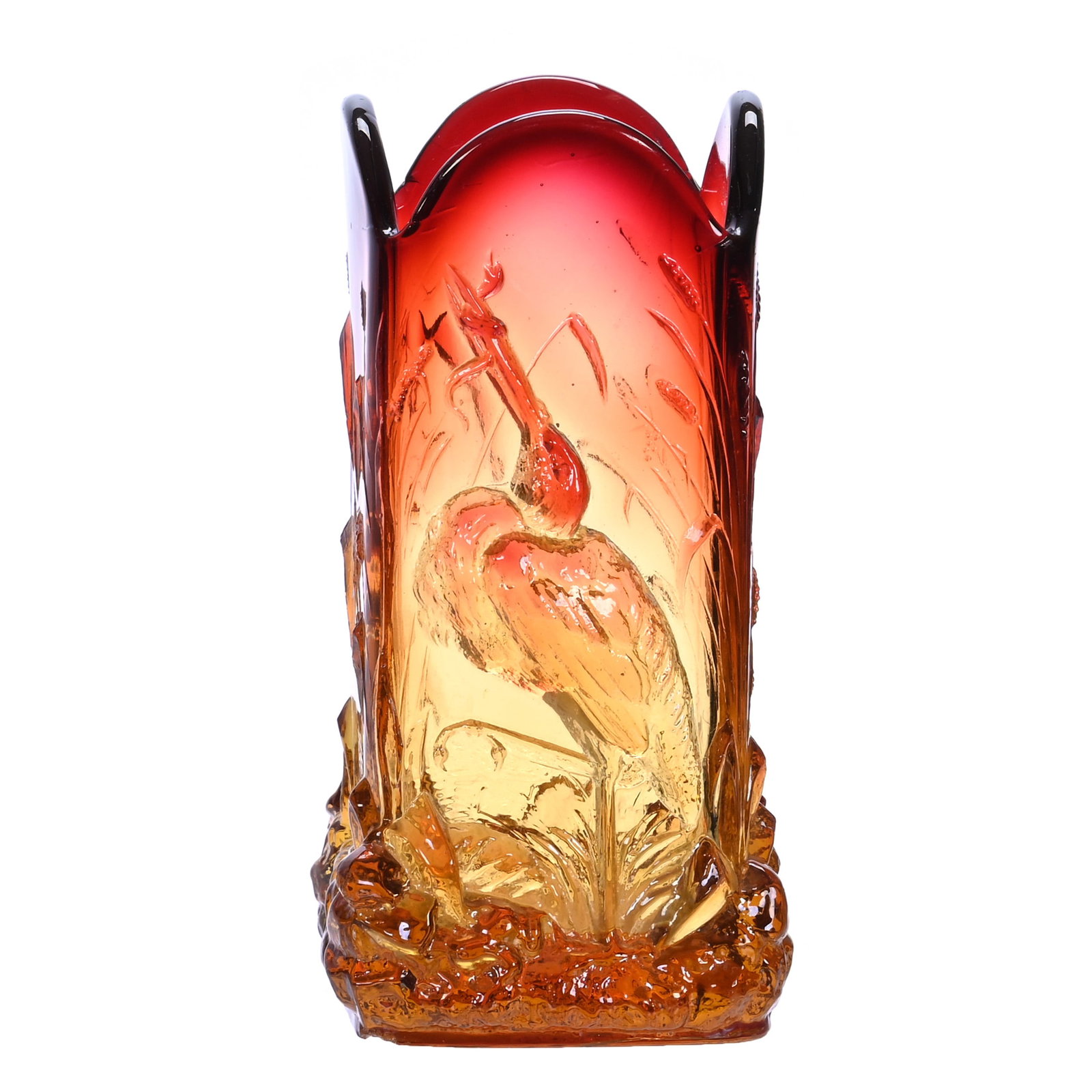 Square Vase, Amberina Art Glass By New England: Square Vase, Amberina Art Glass By New England, 4.5 x 2.25 x 2.25 Inches, Stork Pattern, Strong Color, Hard To See Base Nick And Pattern Chip, 1.1 Pounds, Chris Carnahan Collection, WA, Effective