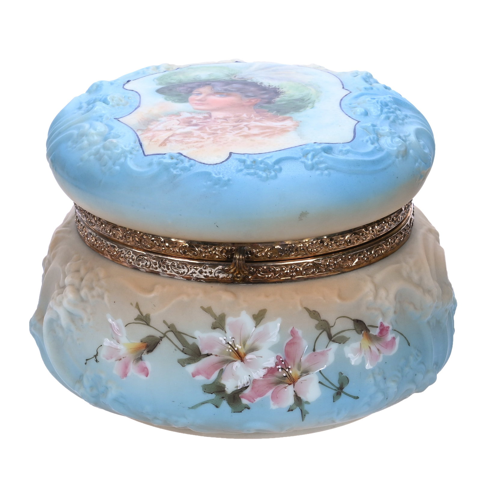 Dresser Box, Marked Nakara, Sea Foam Mold: Dresser Box, Marked Nakara, Sea Foam Mold, 8 x 8 x 5.5 Inches, Blue And Cream Tones With Rare Gibson Girl Portrait Wearing Green Plume Hat, Original Lining, 3.2 Pounds, John And Doris Carty Estate Col