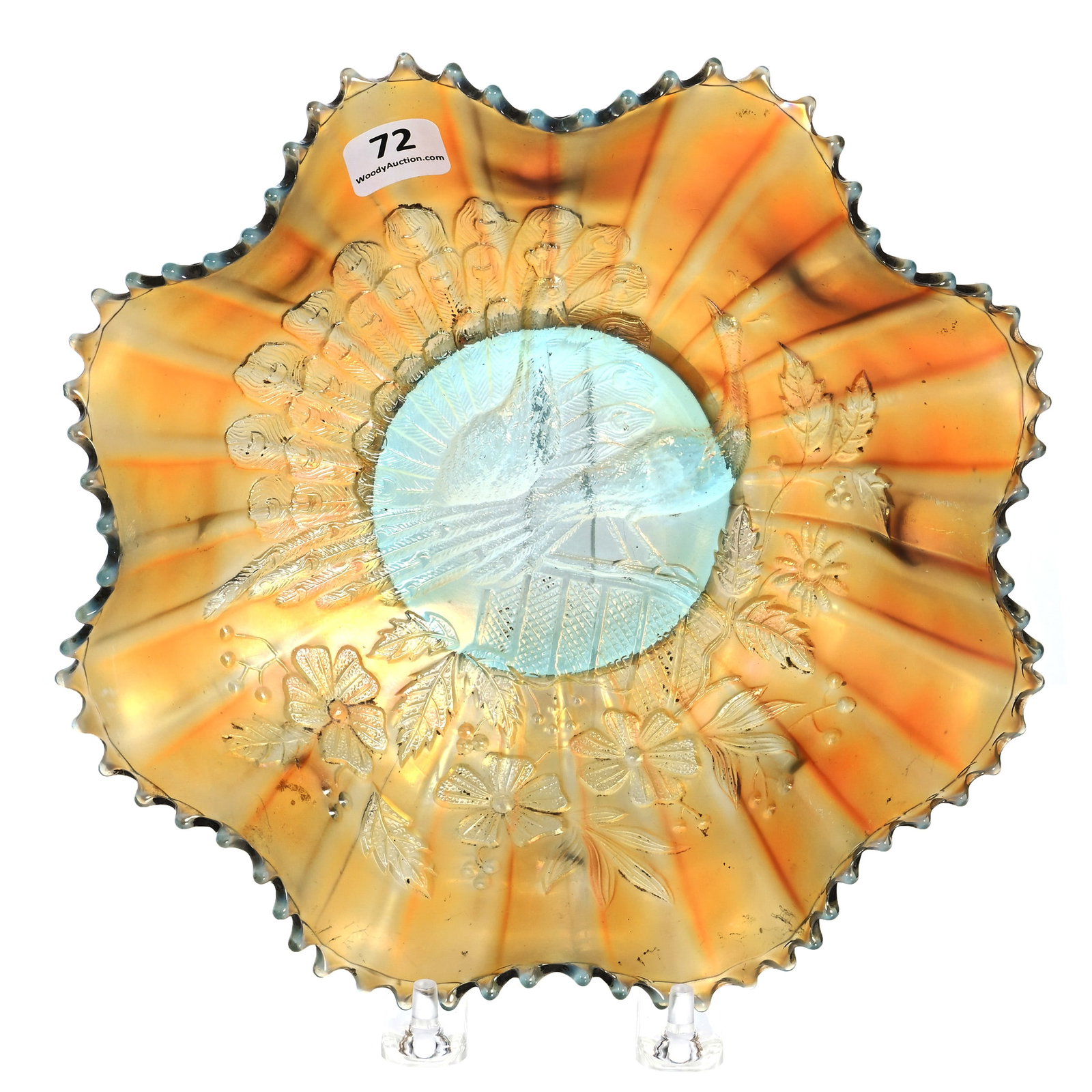 Bowl, Carnival Glass, Peacocks On The Fence By Northwood (1 of 3)
