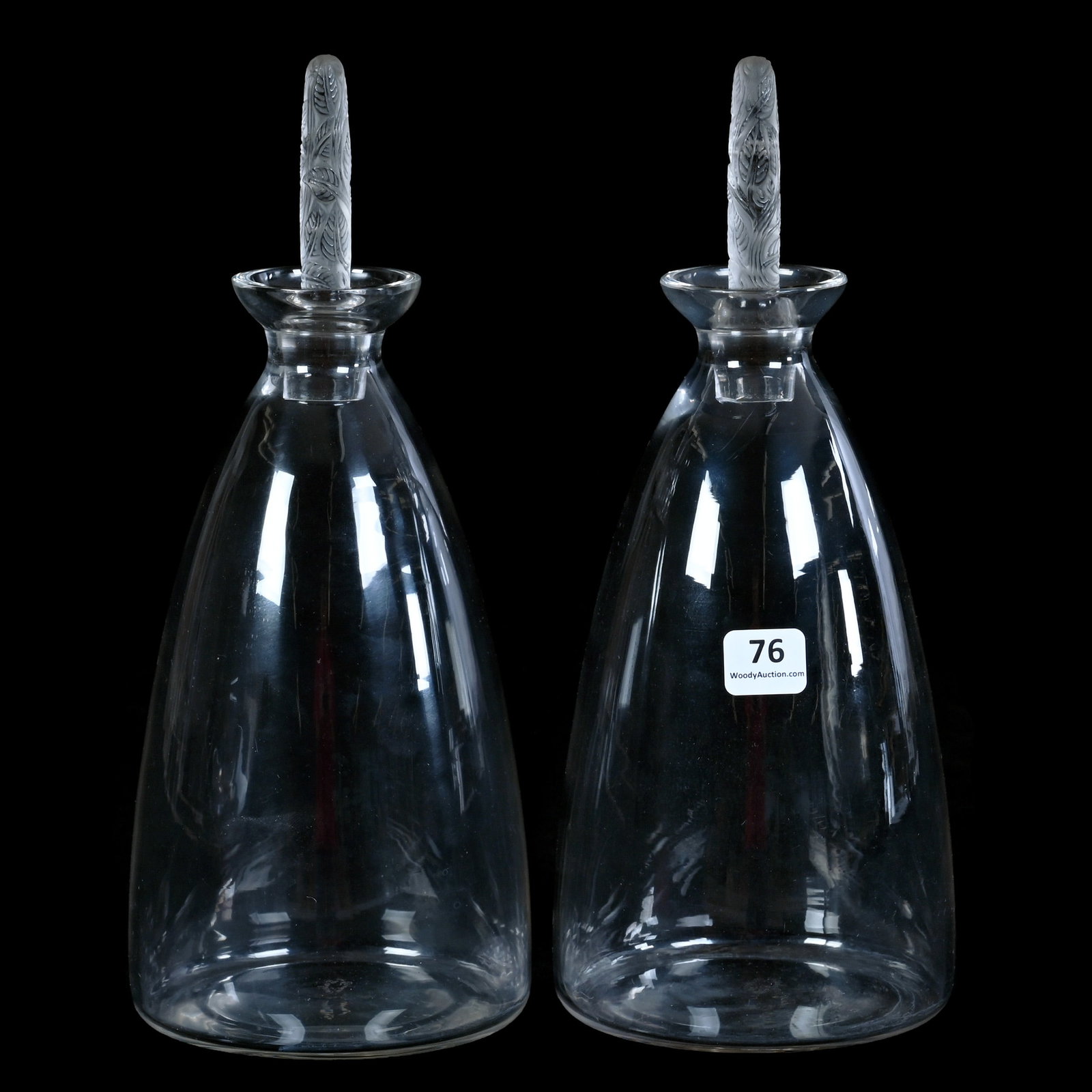 Pair Decanters, Signed R. Lalique: Pair Decanters, Signed R. Lalique, 10.5 x 4.25 x 4.25 Inches, Logelbach Pattern, Circa 1925, 2.2 Pounds, Cliff And Myra Bilbo Collection, TN, Effective 6/6/26 - All LiveAuctioneers Invoices Must Be