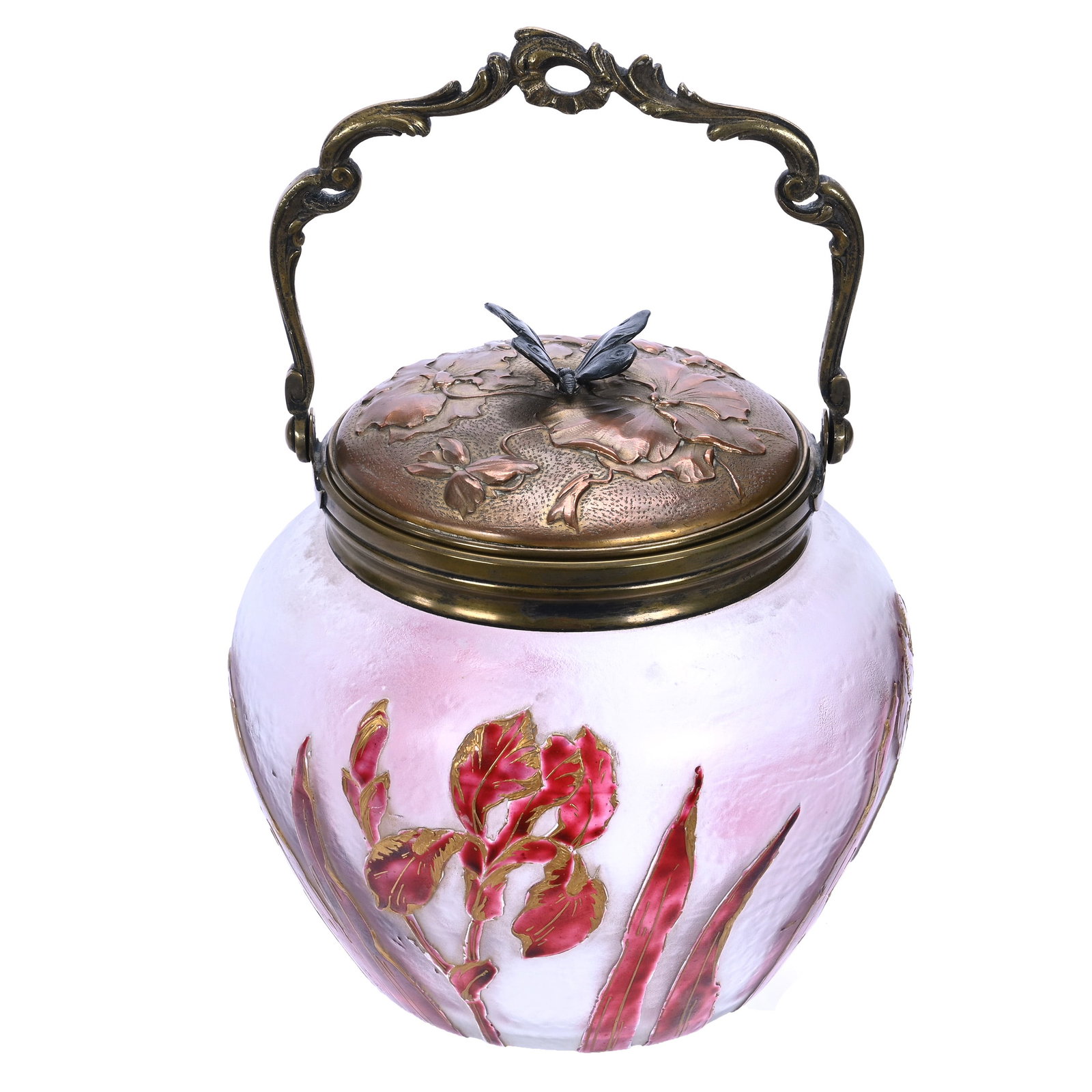 Biscuit Jar, French Cameo Art Glass Signed Victor Saglier, Prominent French Metal Worker: Biscuit Jar, French Cameo Art Glass Signed Victor Saglier, Prominent French Metal Worker, 6.25 x 6 x 6 Inches, Clear Frosted Acid Cut Ground With Cranberry Iris Decor Overlay, Gold Enamel Highlights,