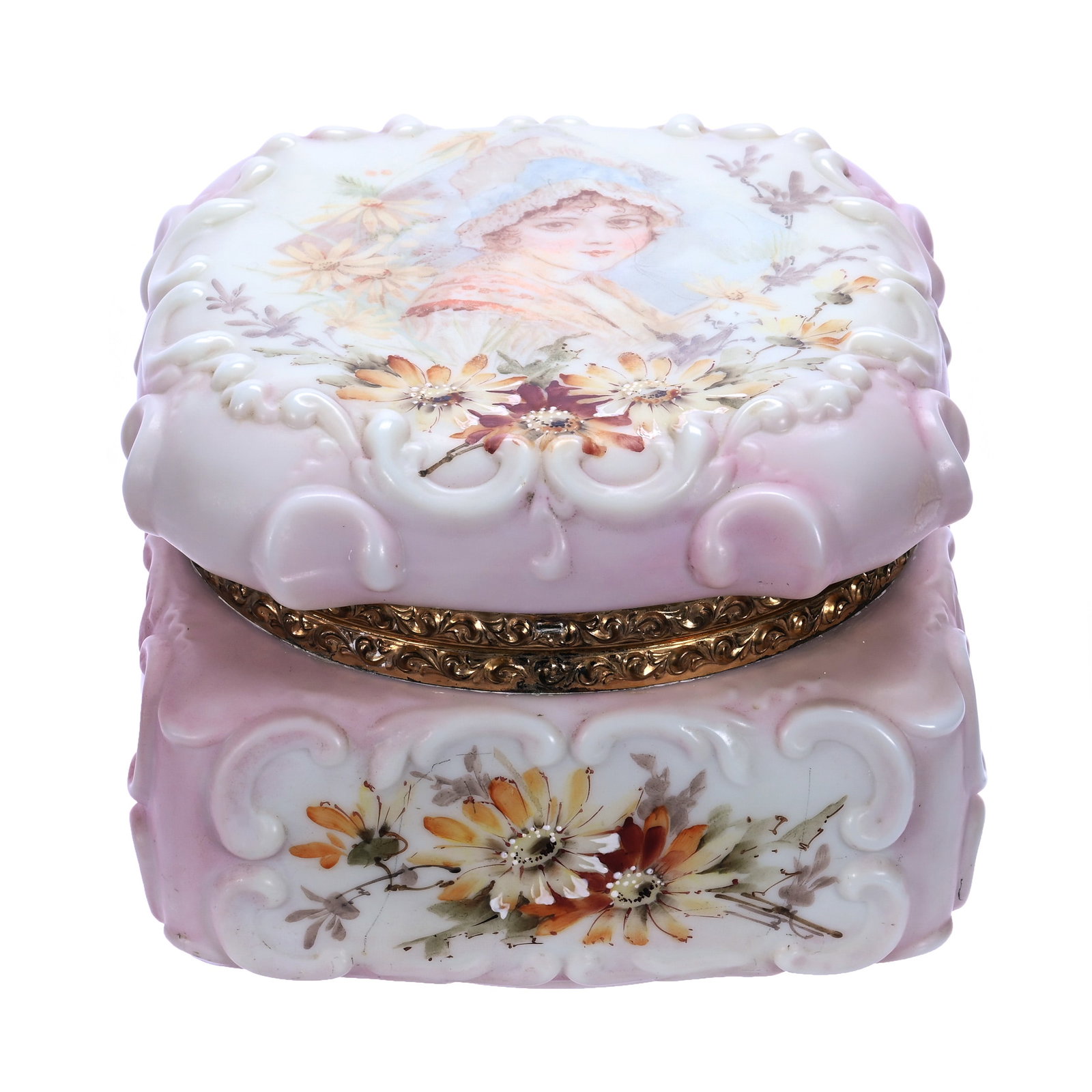 Square Dresser Box, Wave Crest Stamp Mark, Heavy Scroll Mold: Square Dresser Box, Wave Crest Stamp Mark, Heavy Scroll Mold, 6.75 x 6.75 x 5.25 Inches, Pink And White Tones With Yellow Floral Decor, Young Peasant Girl Portrait, Missing Clasp, 3.9 Pounds, John