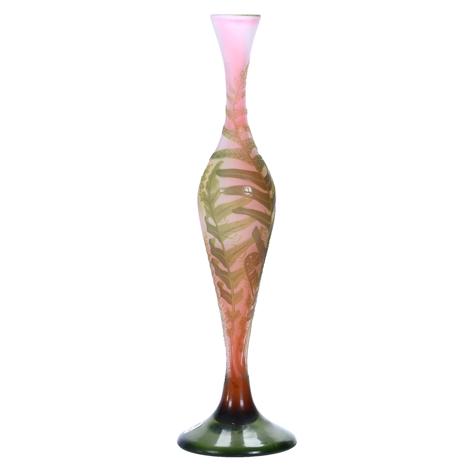 Vase, Signed Galle French Cameo Art Glass: Vase, Signed Galle French Cameo Art Glass, 13.75 x 3.75 x 3.75 Inches, Pink And White Ground With Green Cutback Fern Decor, Elegant Form, 1.6 Pounds, Aubrey and Jean Silver Collection, CA, Effective 6