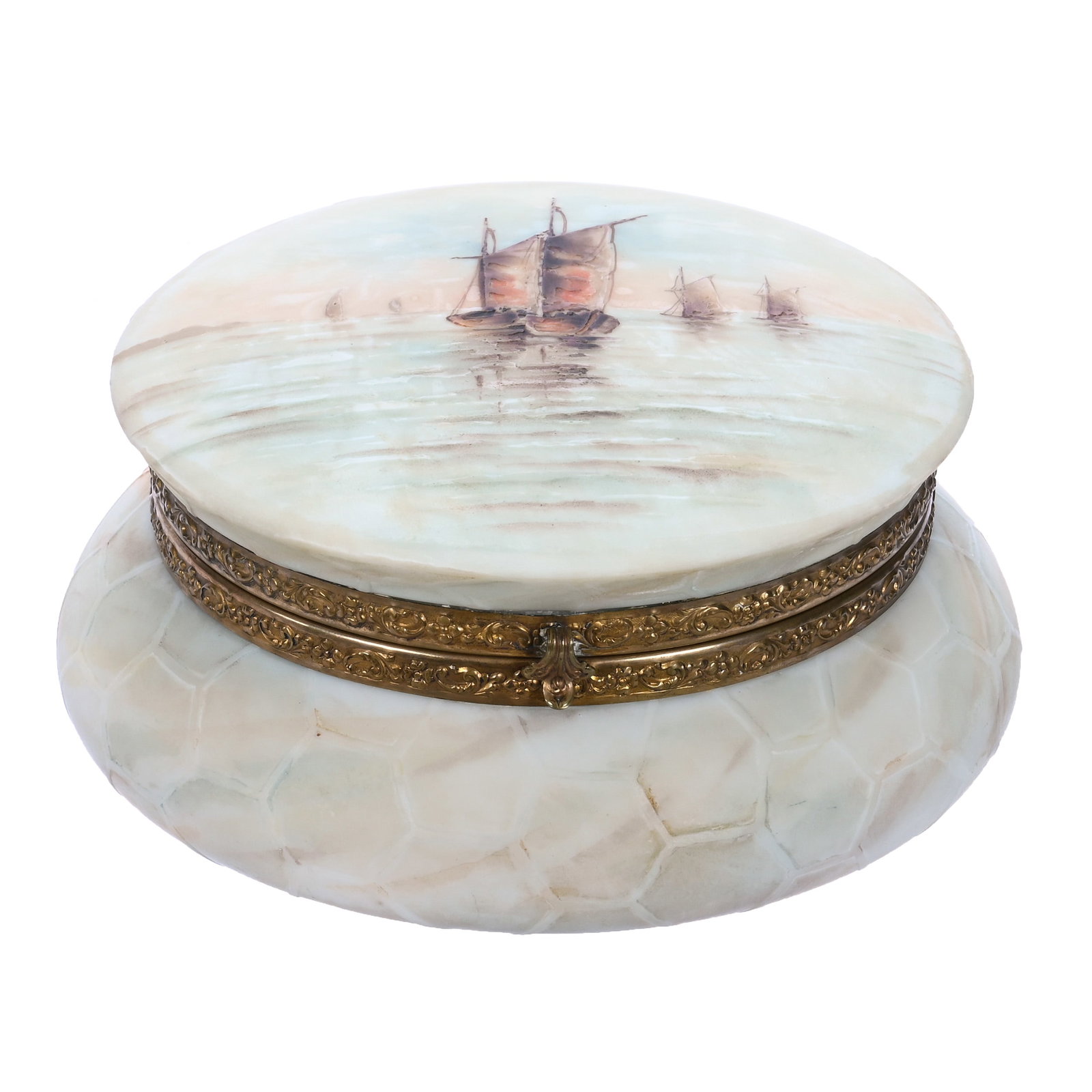 Dresser Box, Marked Kuttonia, Cameo Carved Opalware: Dresser Box, Marked Kuttonia, Cameo Carved Opalware, 8 x 8 x 3.75 Inches, Sailboat Scenic Decor With Honeycomb Base, Original Lining, Rare Example, 1.8 Pounds, John And Doris Carty Estate Collection, 