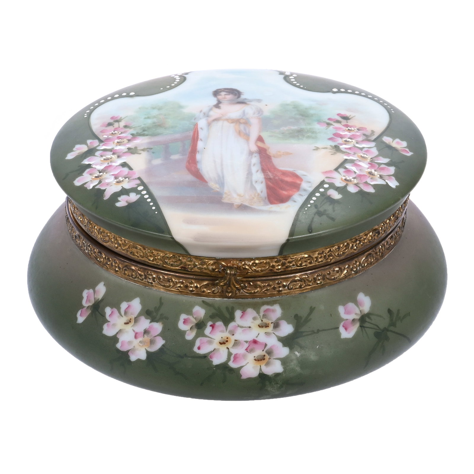 Dresser Box, Marked Nakara: Dresser Box, Marked Nakara, 7.75 x 7.75 x 3.75 Inches, Green And Pink Tones With Queen Louisa Scenic Portrait, Pink Floral Decor Highlights, 2.8 Pounds, John And Doris Carty Estate Collection, IA, Eff